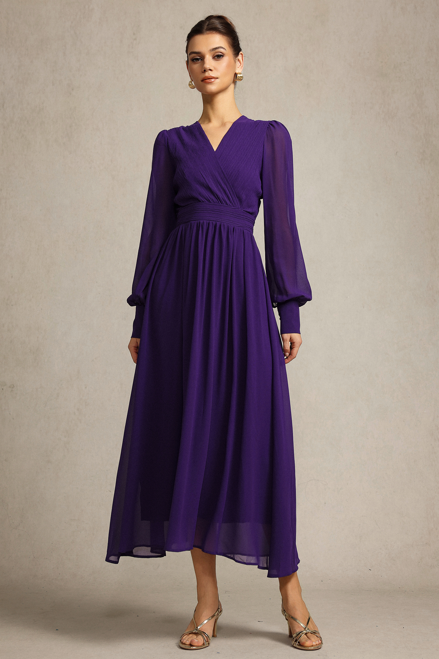 Savia Long Sleeves Folds Maxi Dress