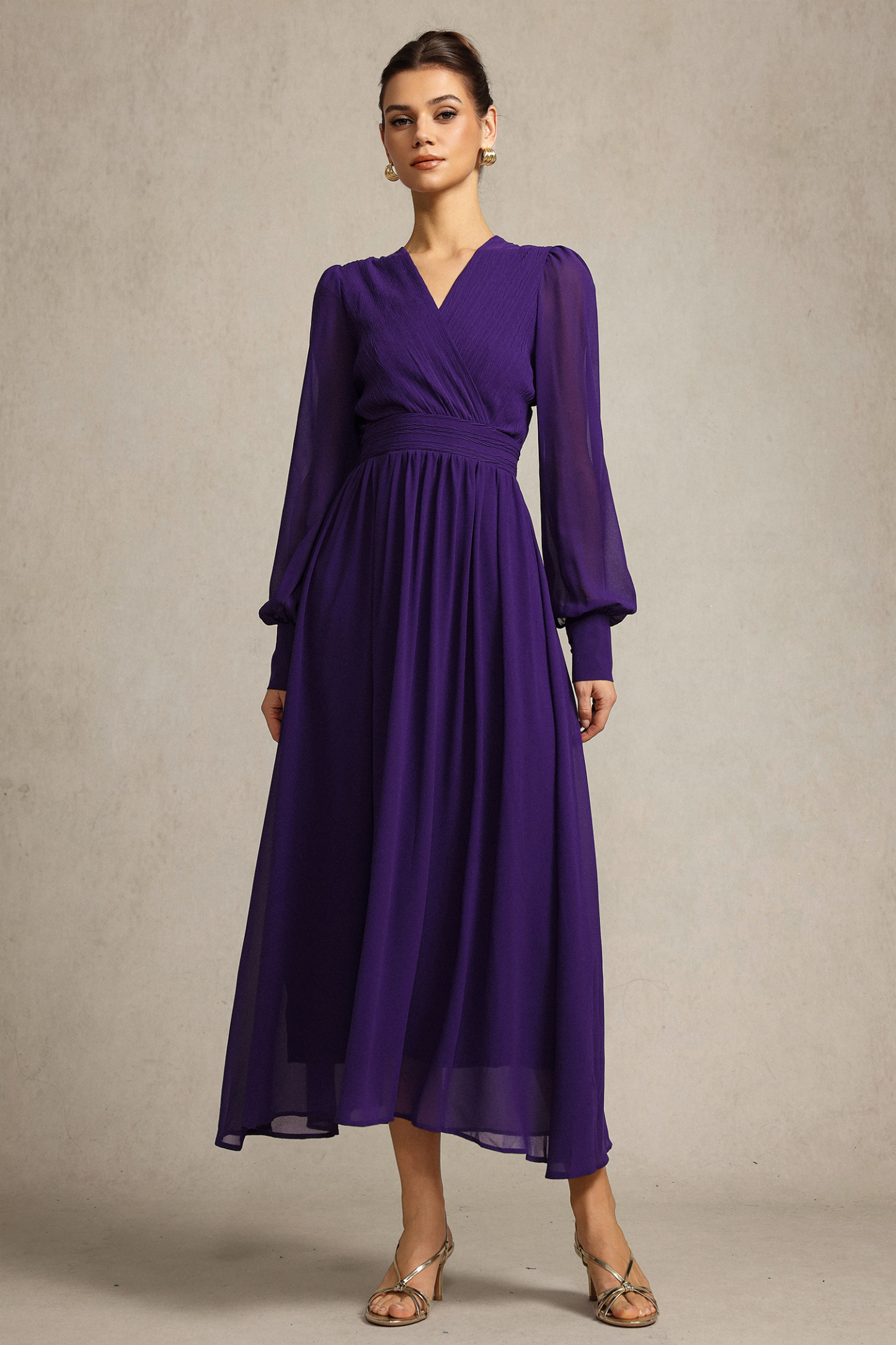 Savia Long Sleeves Folds Maxi Dress