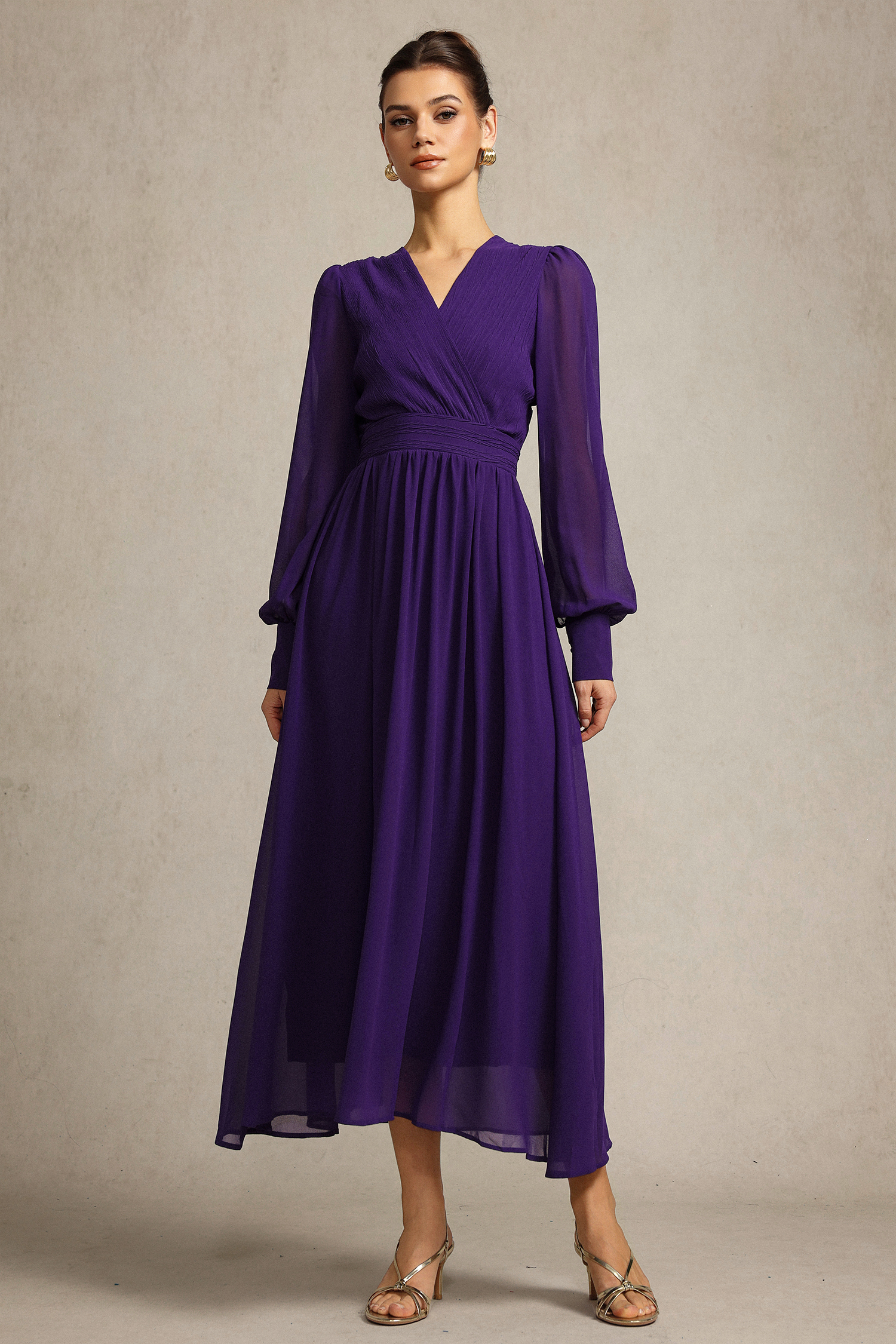 Savia Long Sleeves Folds Maxi Dress