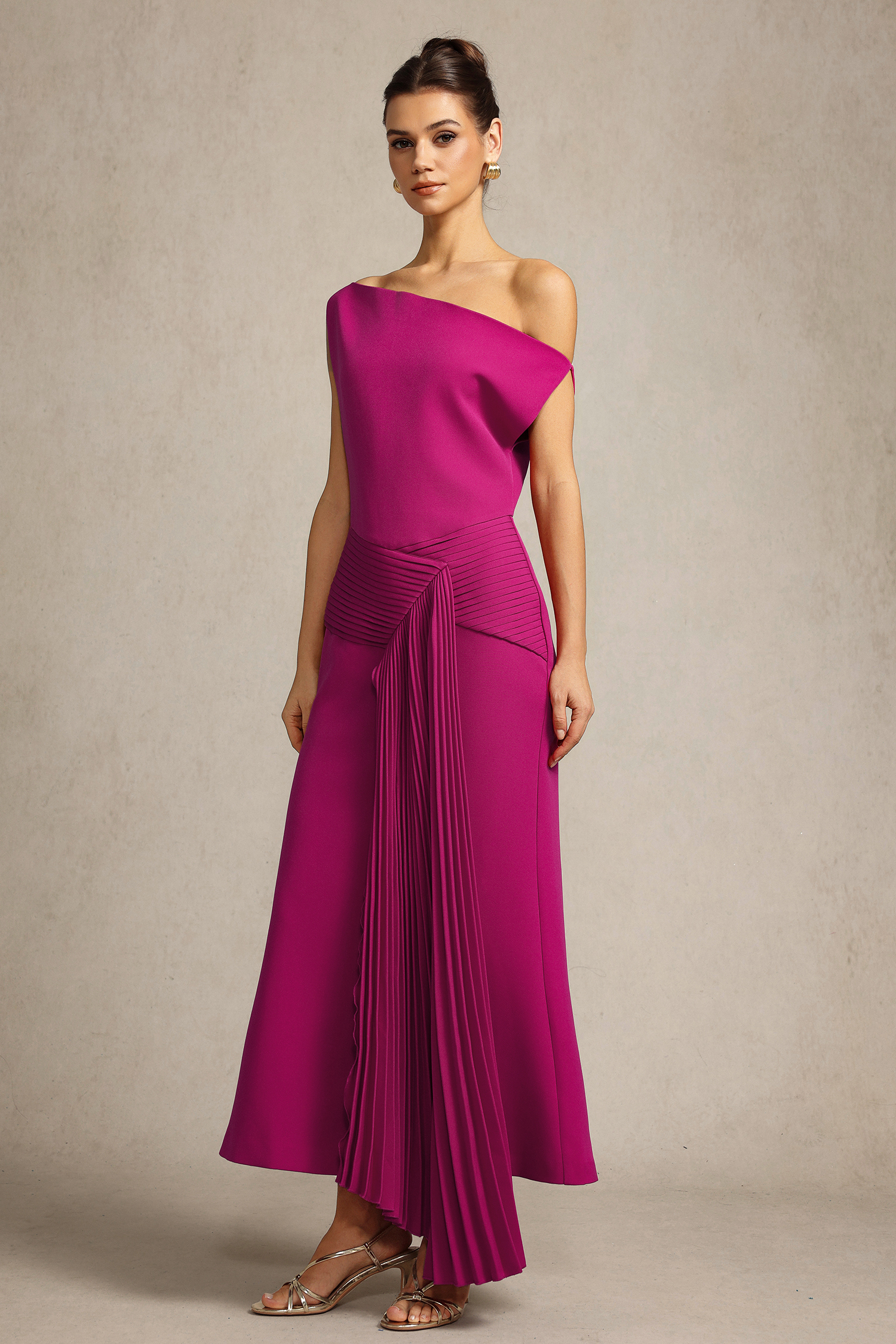 Paulina Oblique Shoulder Sleeveless Folds RosePink Midi Dress