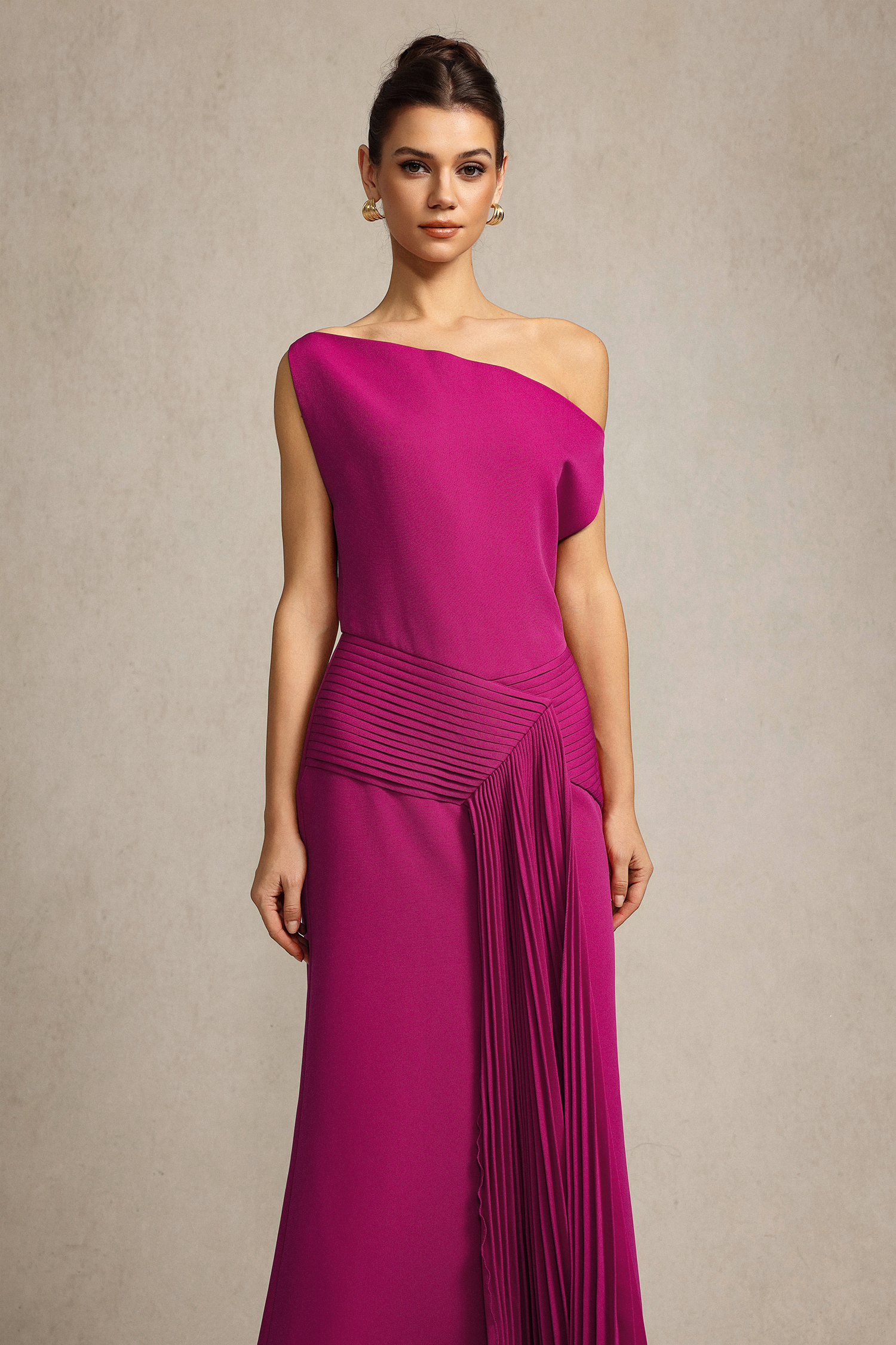 Paulina Oblique Shoulder Sleeveless Folds RosePink Midi Dress