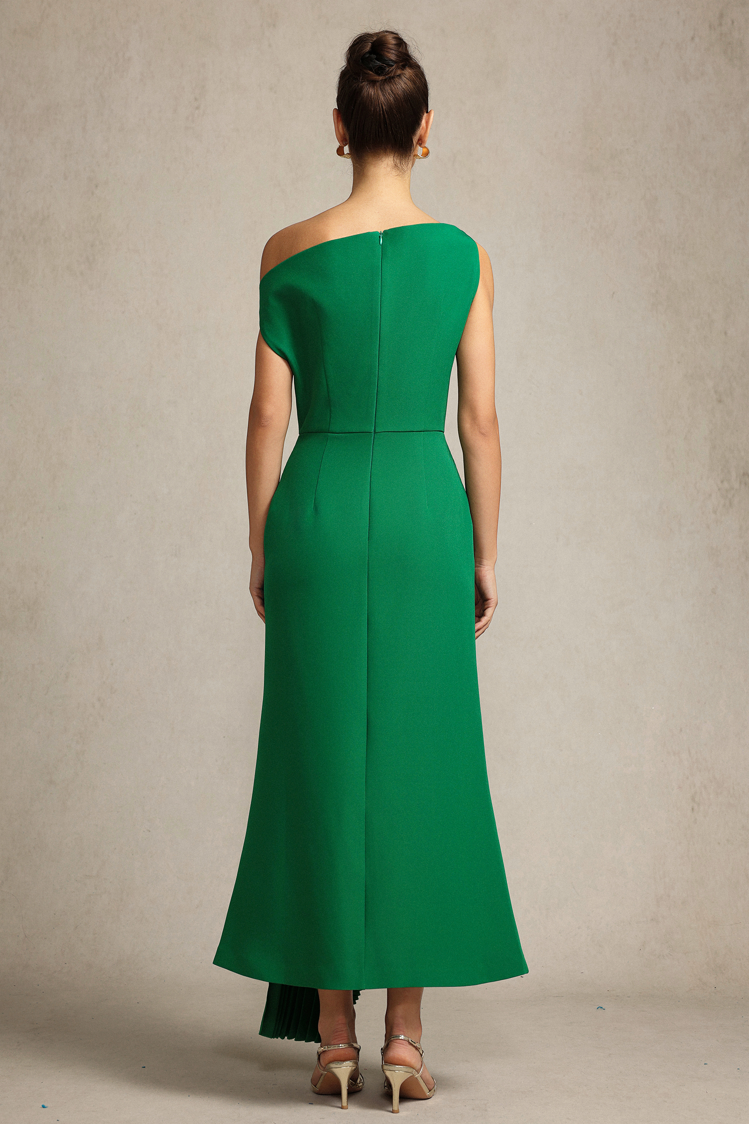 Paulina Oblique Shoulder Sleeveless Folds Green Midi Dress