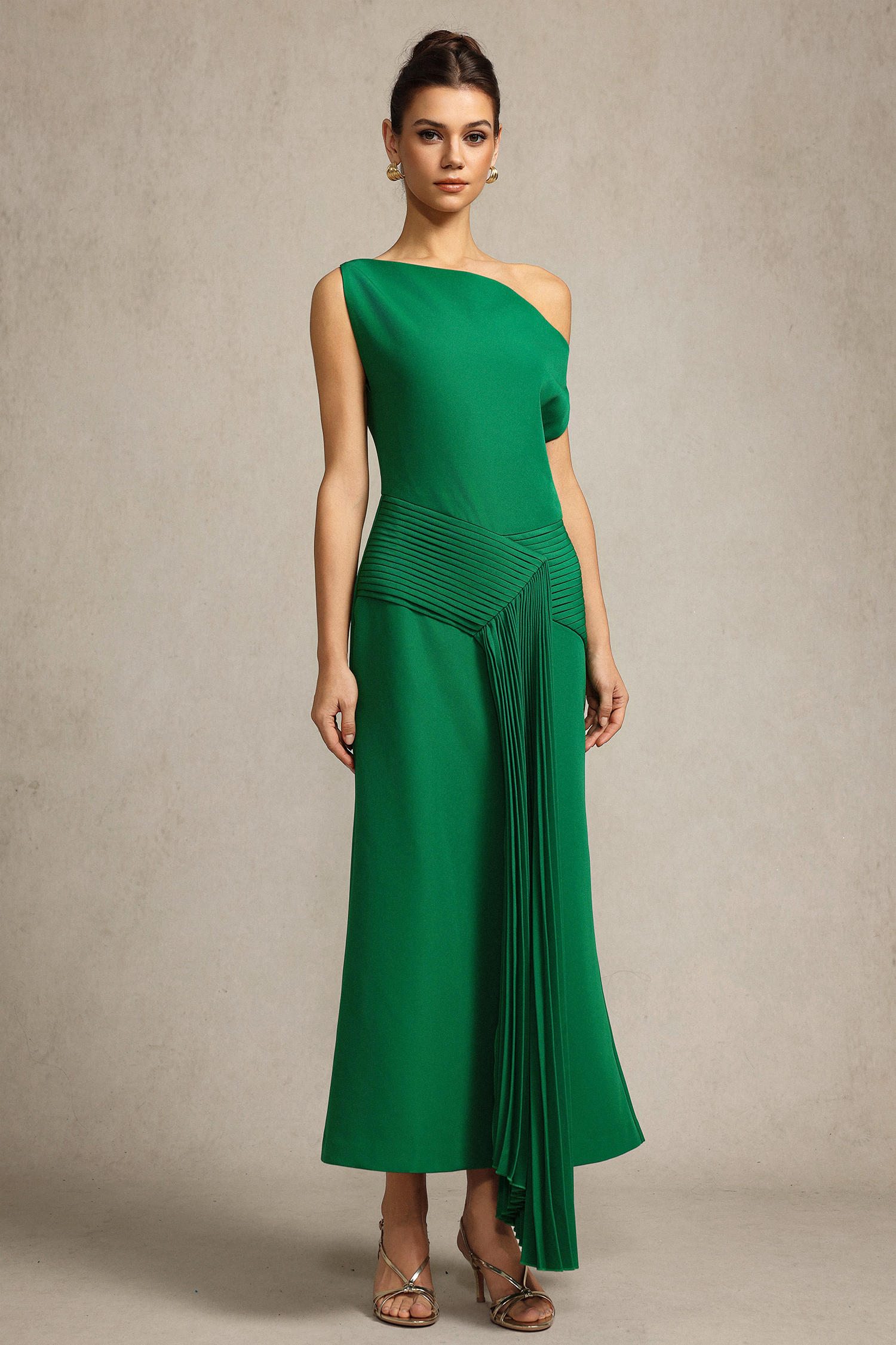 Paulina Oblique Shoulder Sleeveless Folds Green Midi Dress