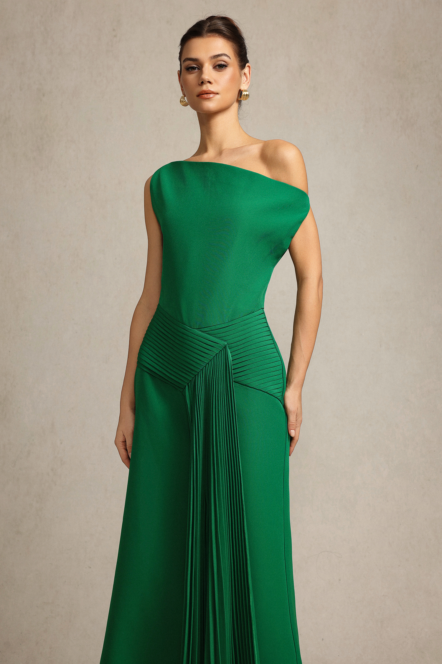 Paulina Oblique Shoulder Sleeveless Folds Green Midi Dress