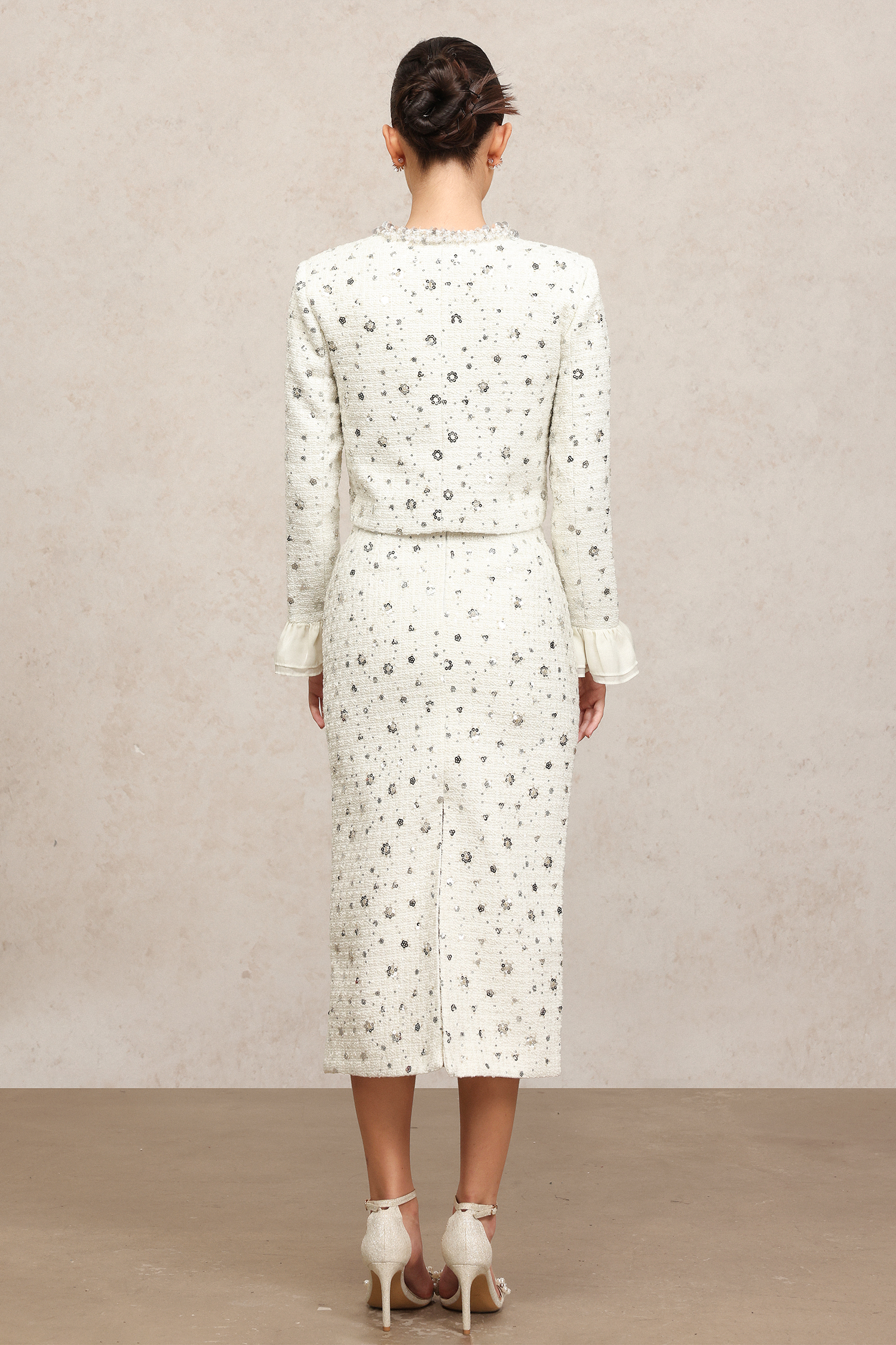 Lucretia Round Neck Long Sleeves Sequin Pearl Top And Skirt Two-Piece Set