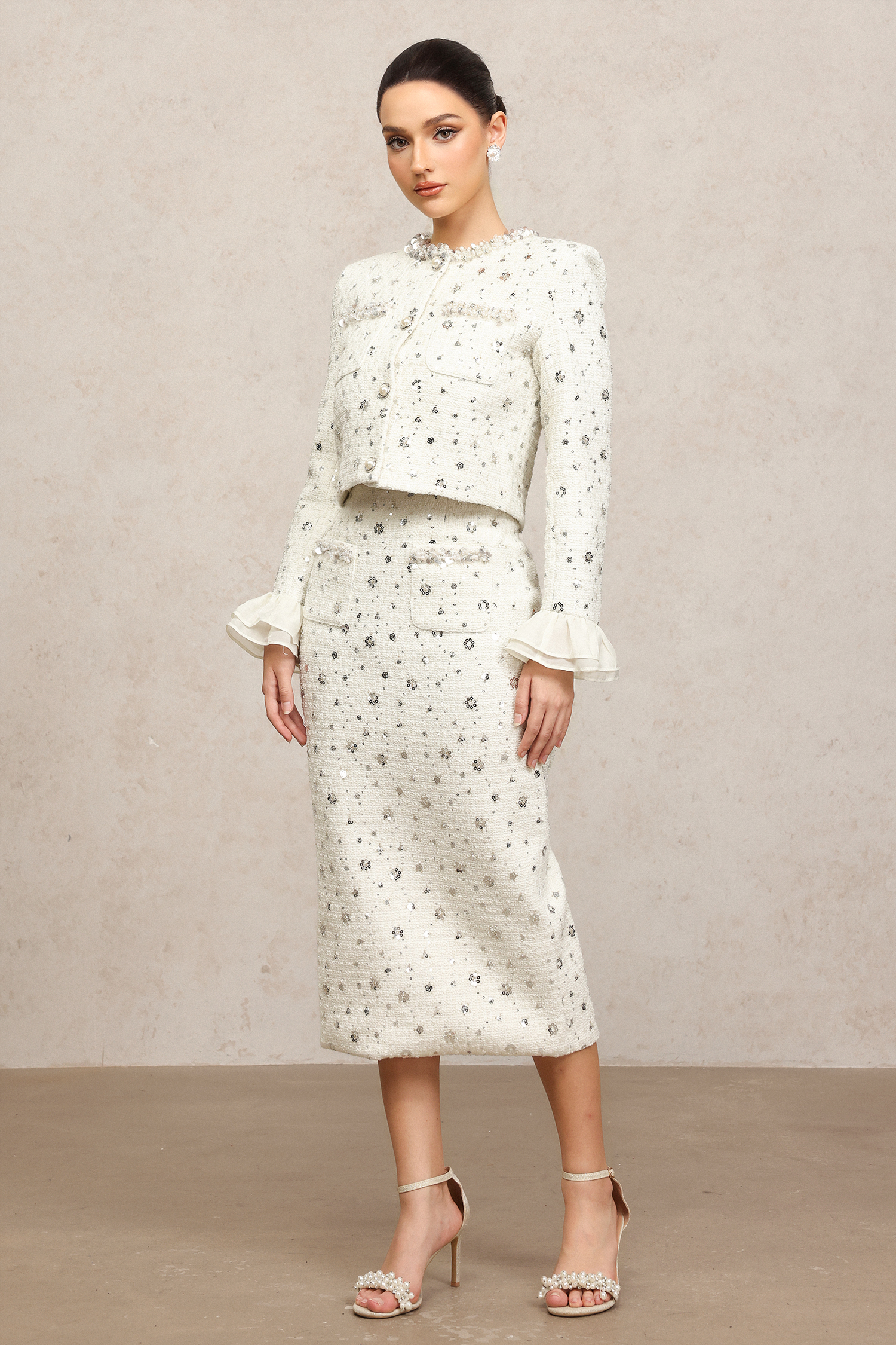 Lucretia Round Neck Long Sleeves Sequin Pearl Top And Skirt Two-Piece Set