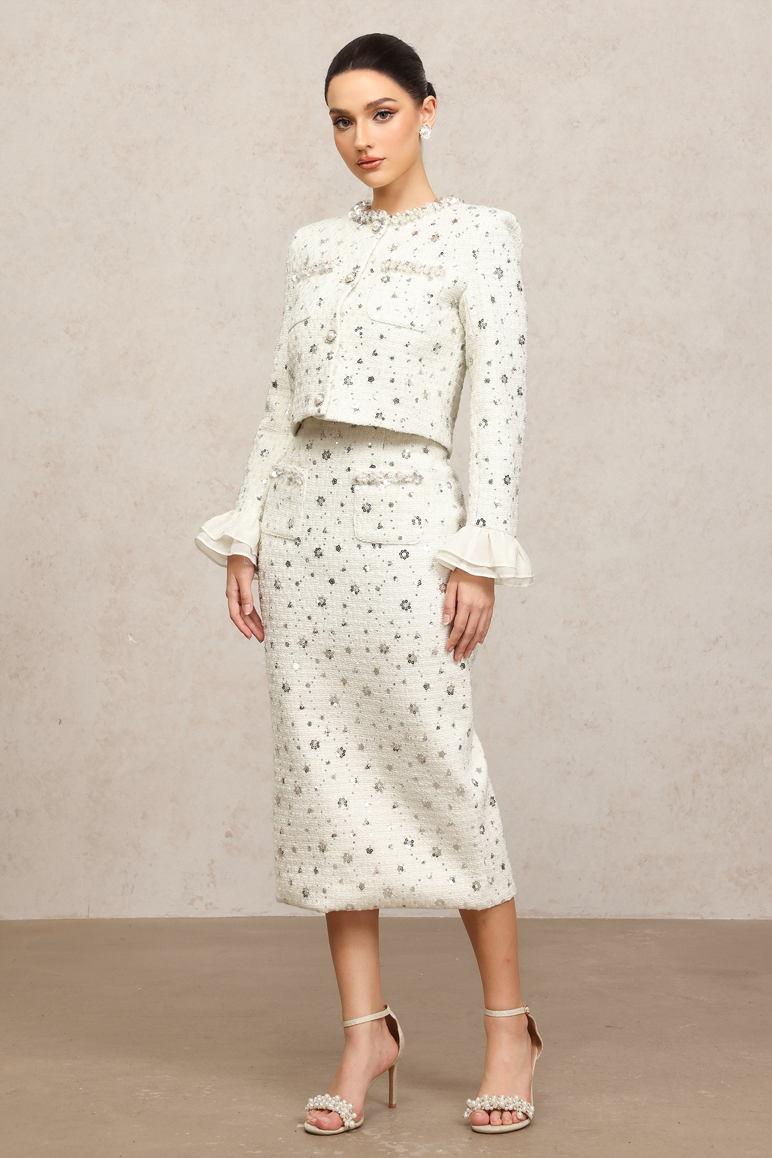 Lucretia Round Neck Long Sleeves Sequin Pearl Top And Skirt Two-Piece Set