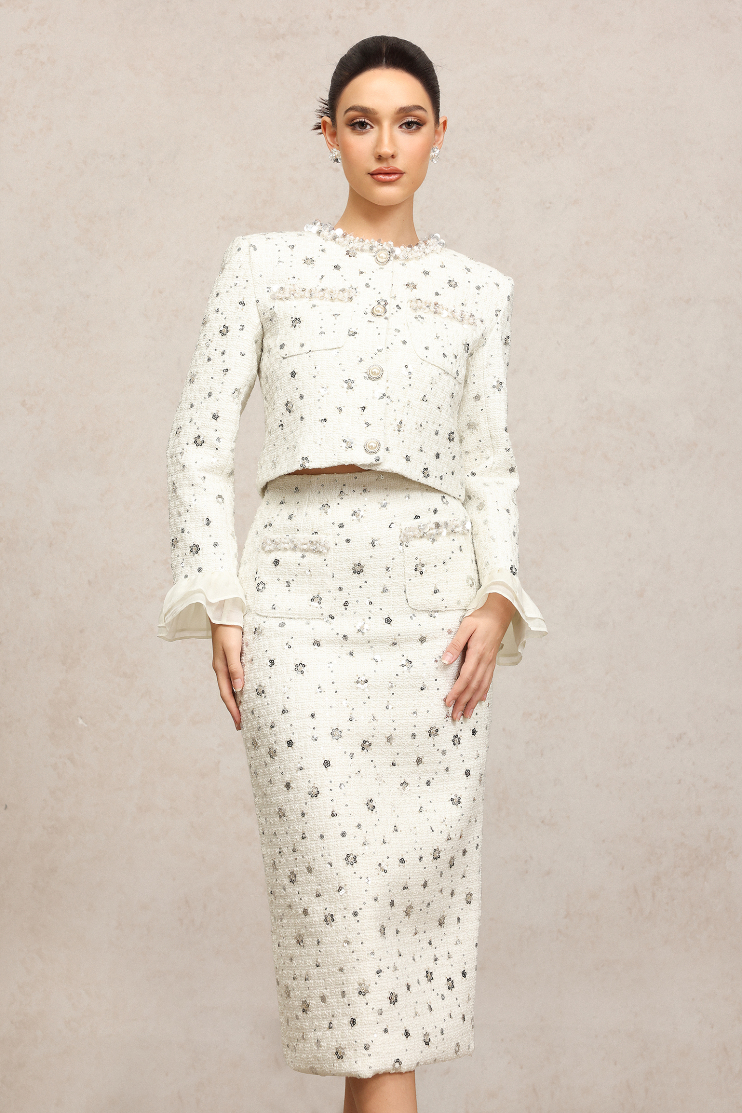 Lucretia Round Neck Long Sleeves Sequin Pearl Top And Skirt Two-Piece Set