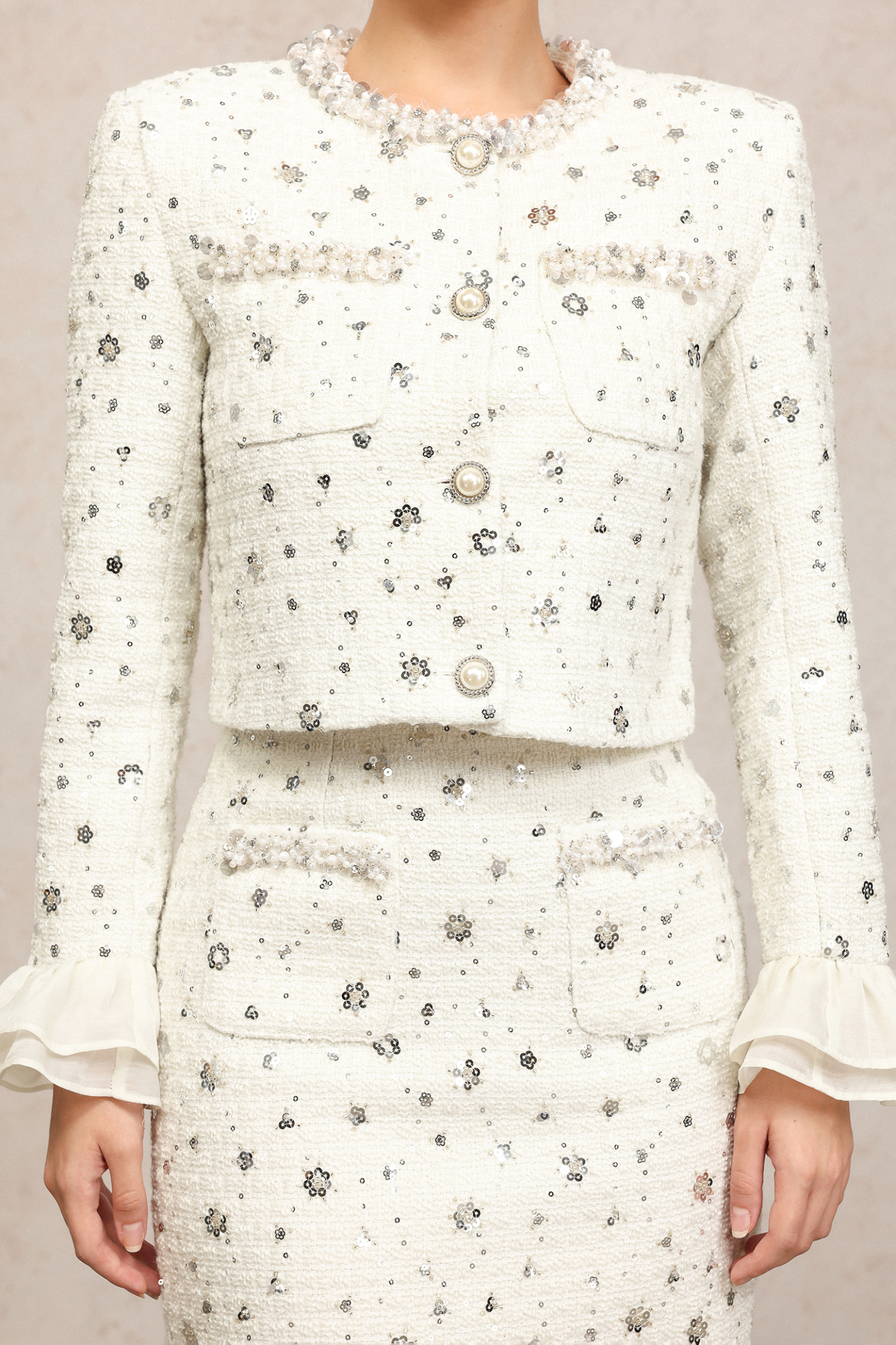 Lucretia Round Neck Long Sleeves Sequin Pearl Top And Skirt Two-Piece Set