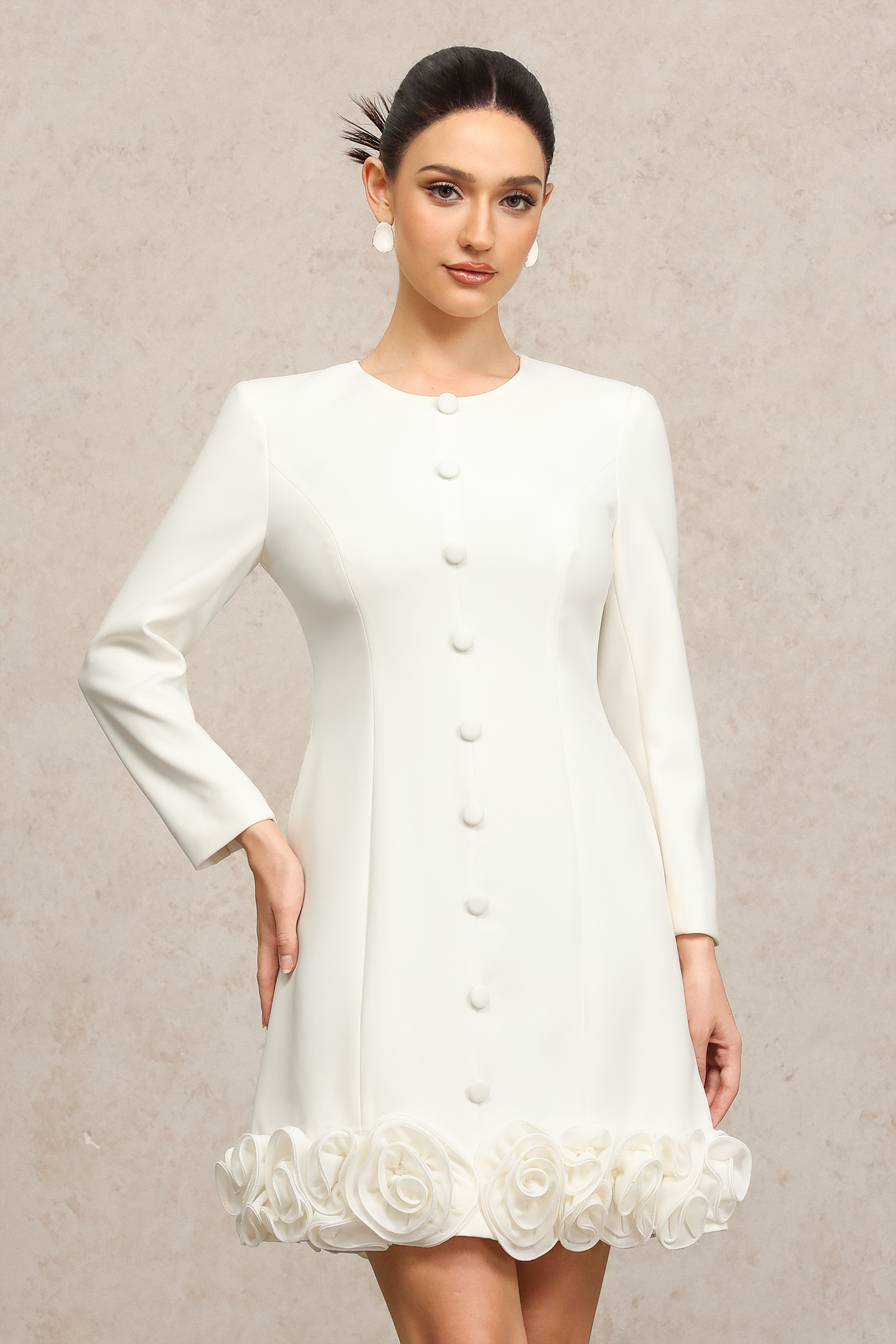 Doluo Round Neck Long Sleeves Flowers Mini Dress