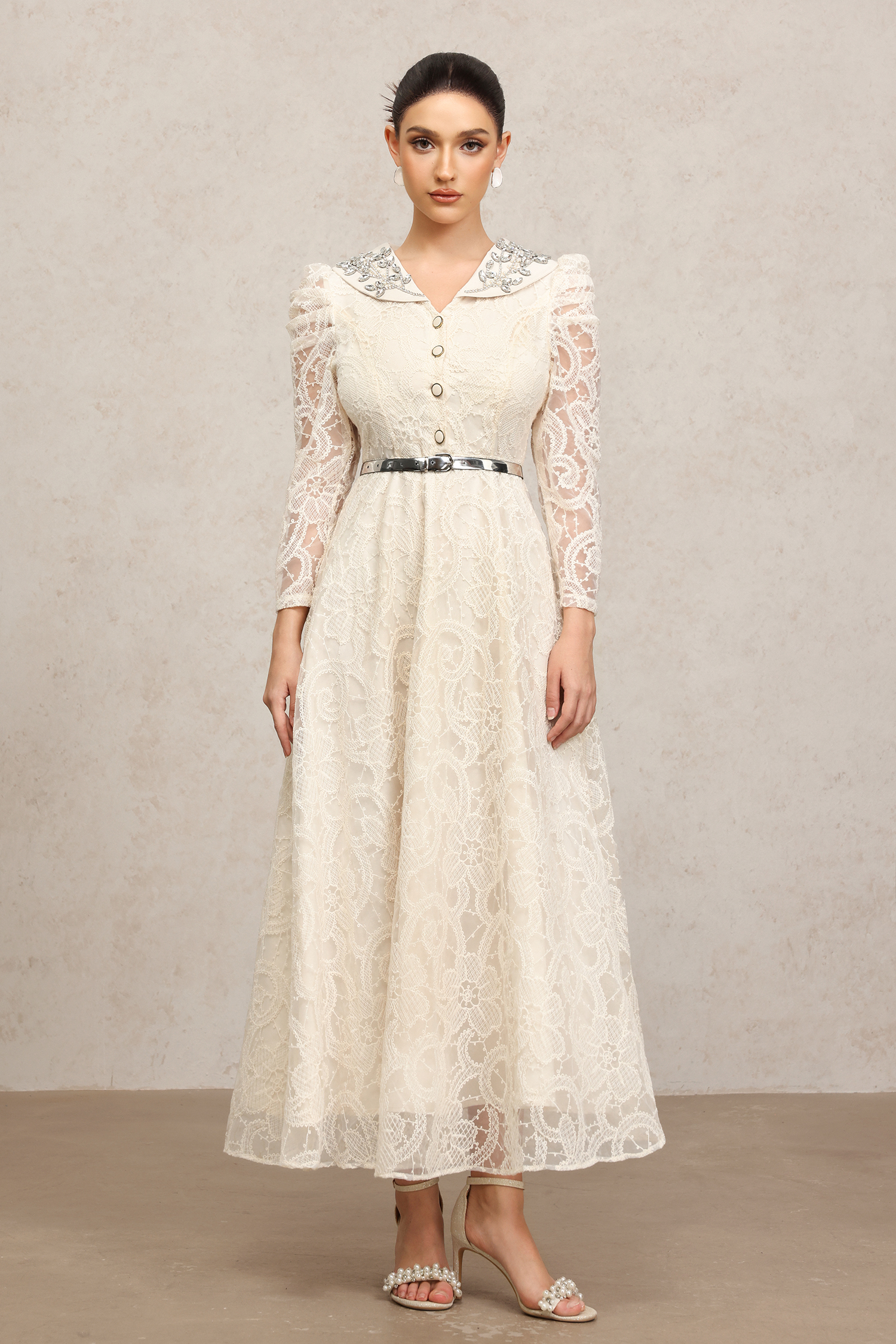 Umeko Long Sleeves Lace Diamond Maxi Dress