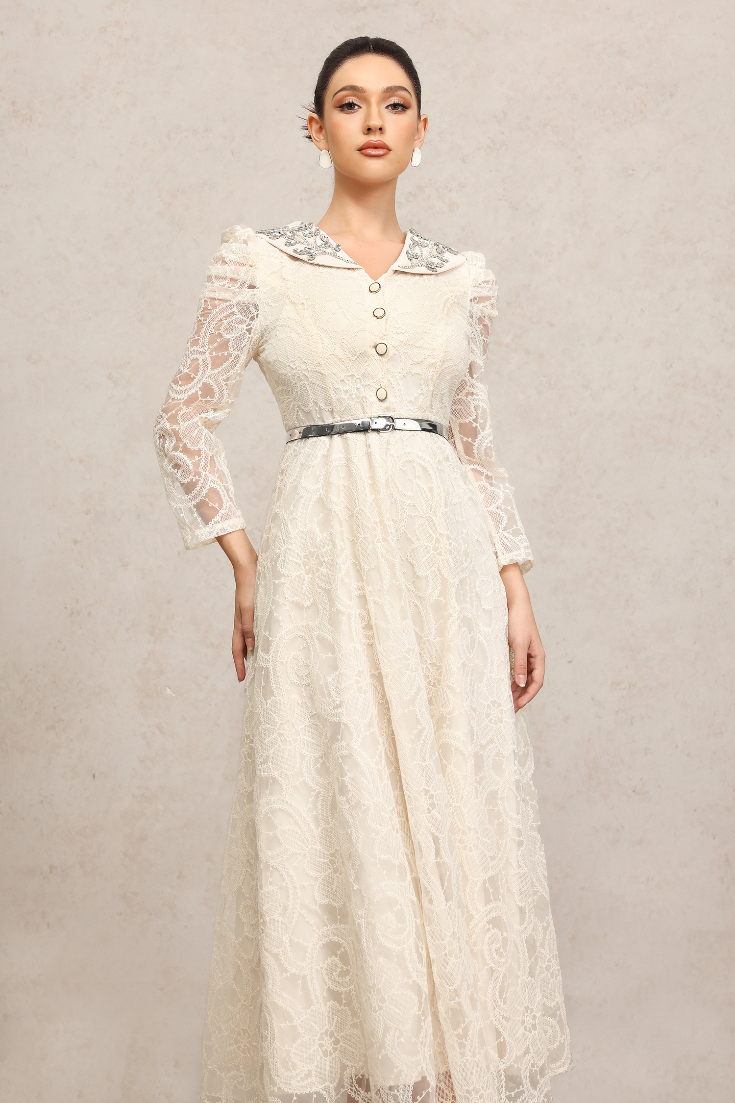 Umeko Long Sleeves Lace Diamond Maxi Dress