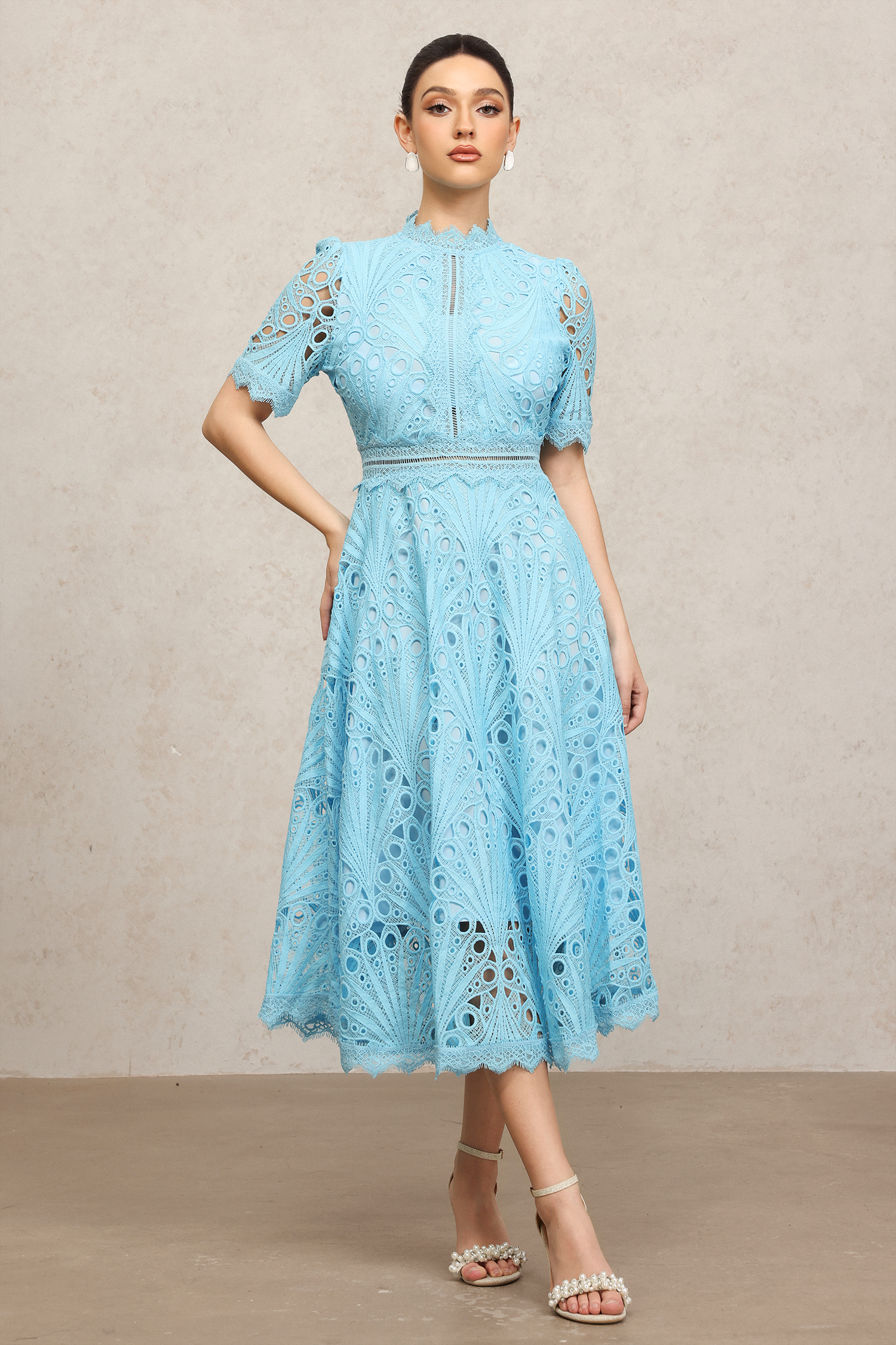 Lzada Short Sleeves Lace Hollow Out Blue Midi Dress