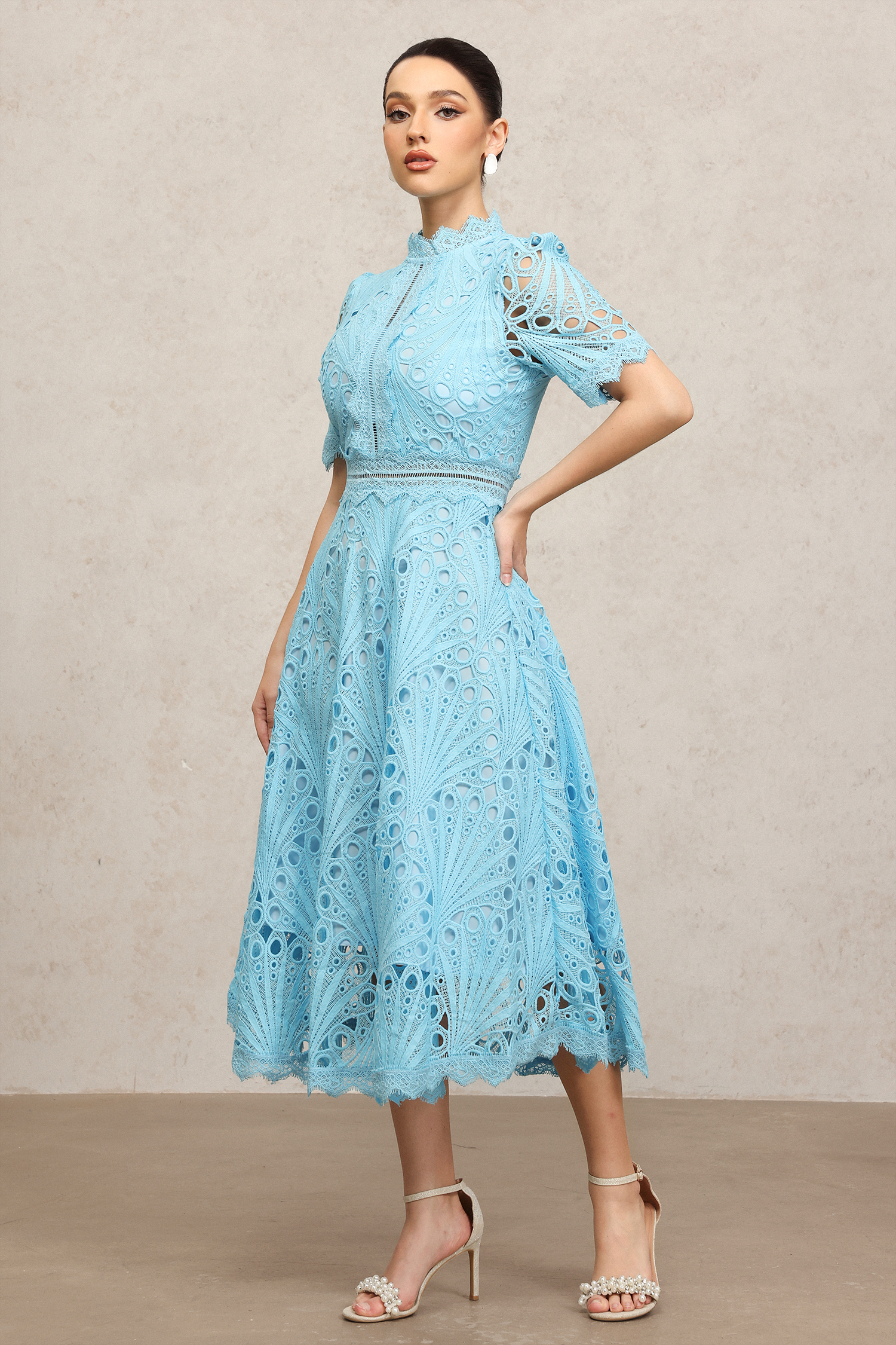 Lzada Short Sleeves Lace Hollow Out Blue Midi Dress