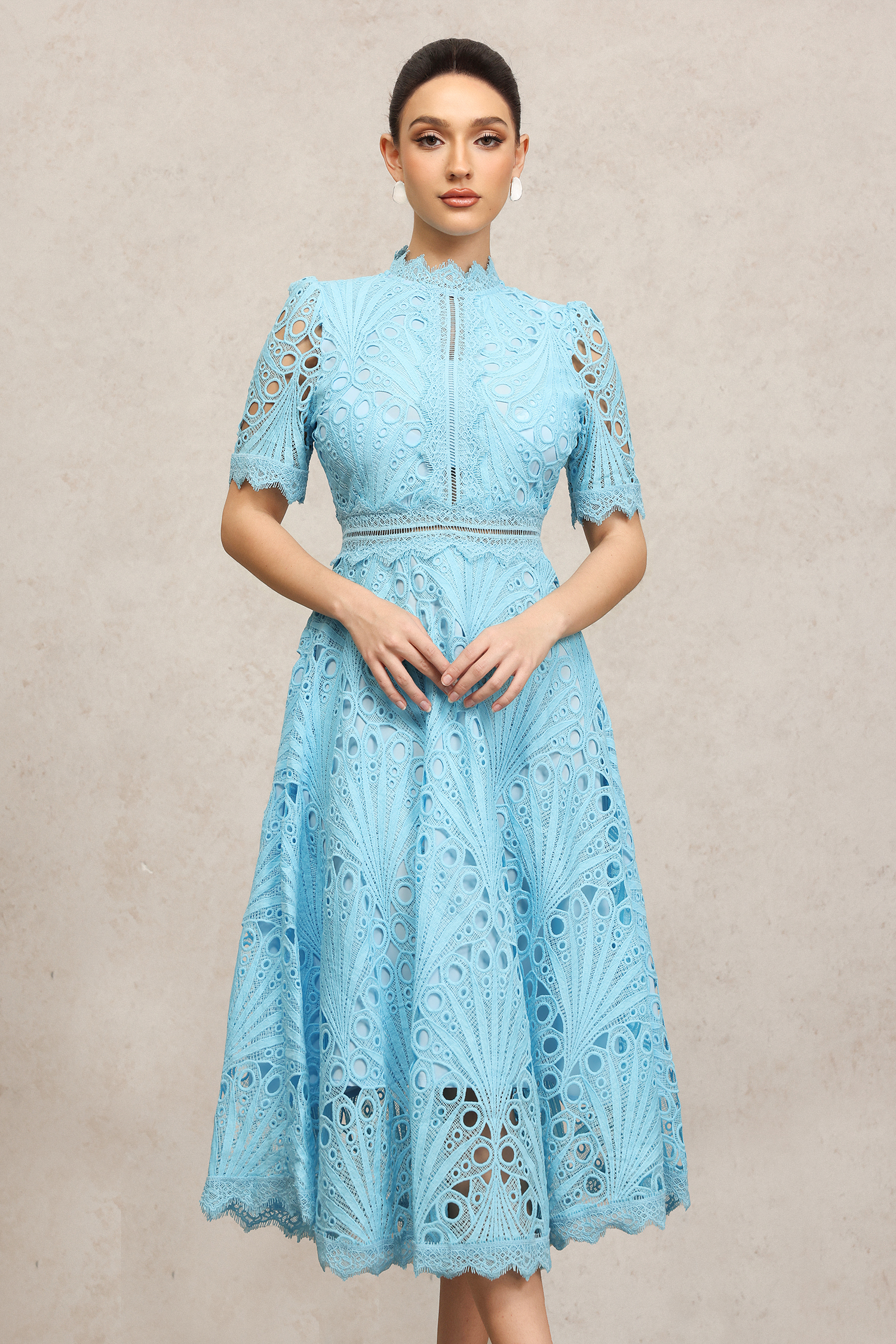 Lzada Short Sleeves Lace Hollow Out Blue Midi Dress