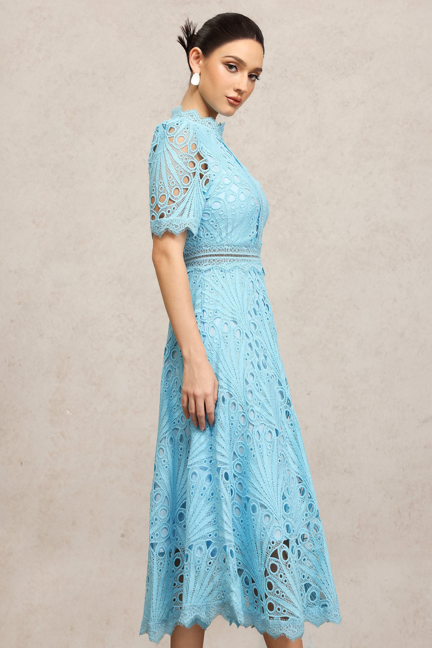 Lzada Short Sleeves Lace Hollow Out Blue Midi Dress