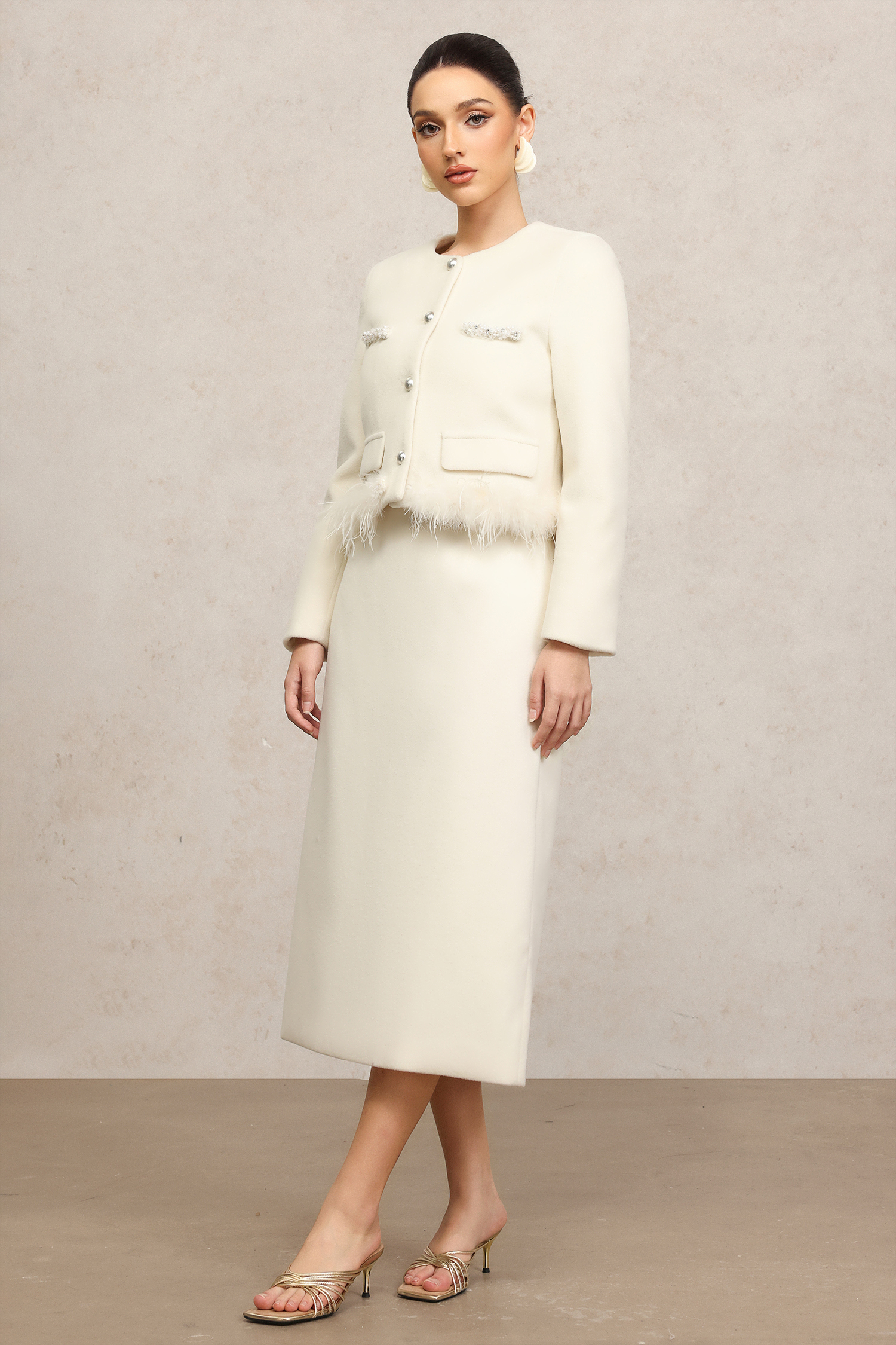 Kamo Round Neck Long Sleeves Artificial Feather Top And Skirt Two-Piece Set