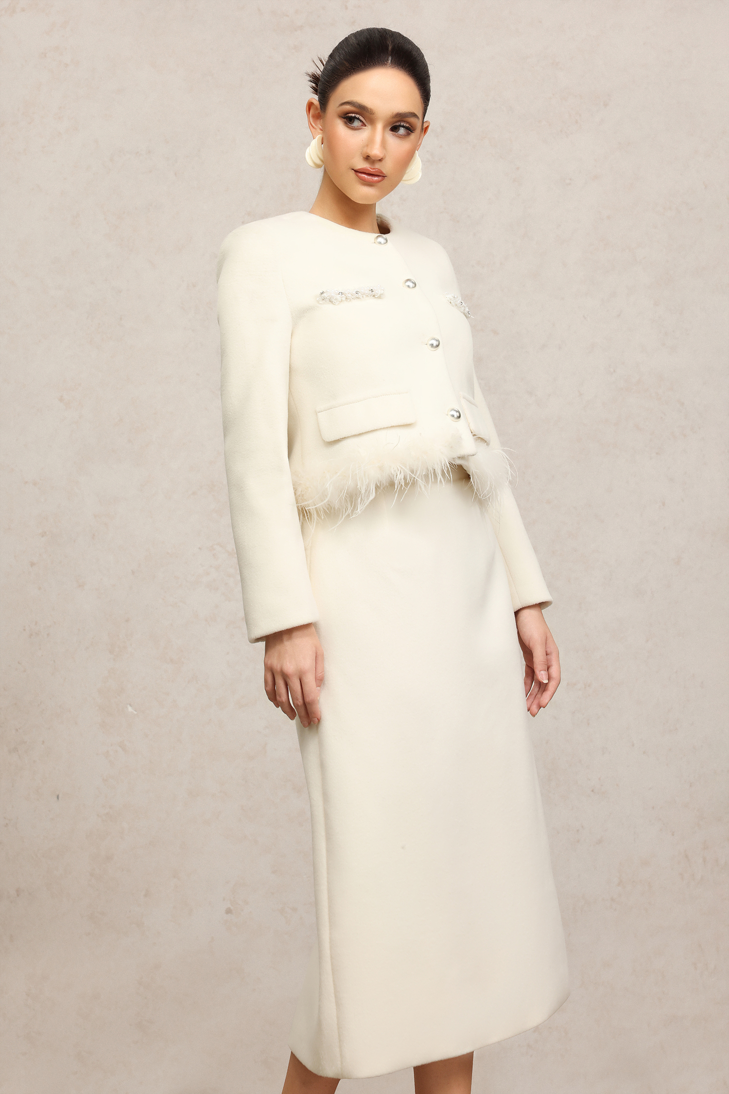 Kamo Round Neck Long Sleeves Artificial Feather Top And Skirt Two-Piece Set