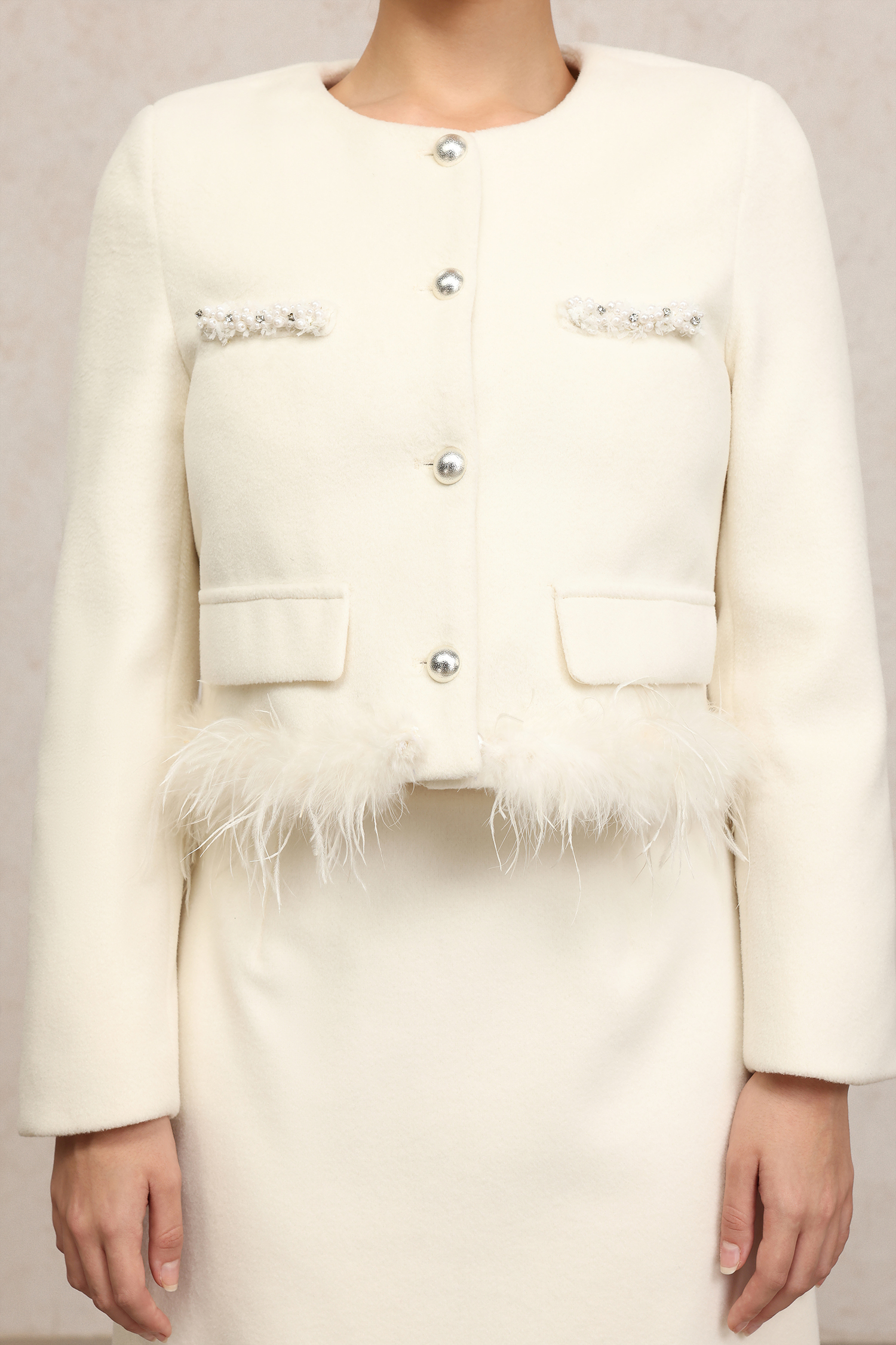 Kamo Round Neck Long Sleeves Artificial Feather Top And Skirt Two-Piece Set