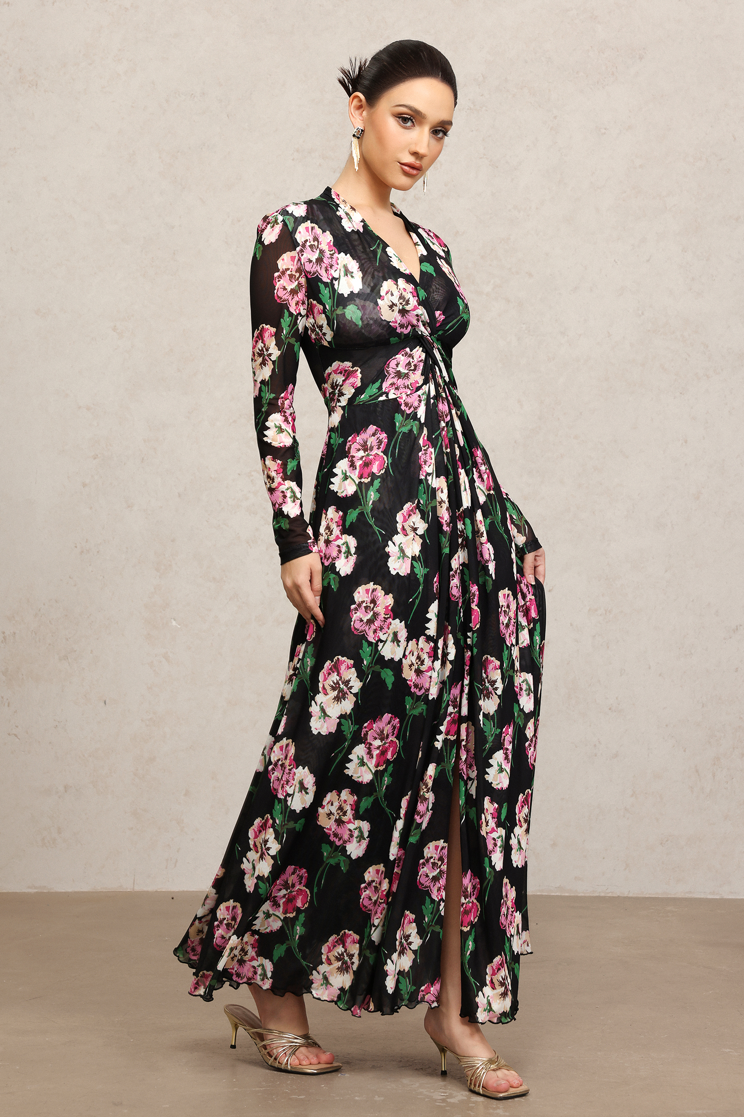 Melia Long Sleeves Floral Printed Slit Maxi Dress
