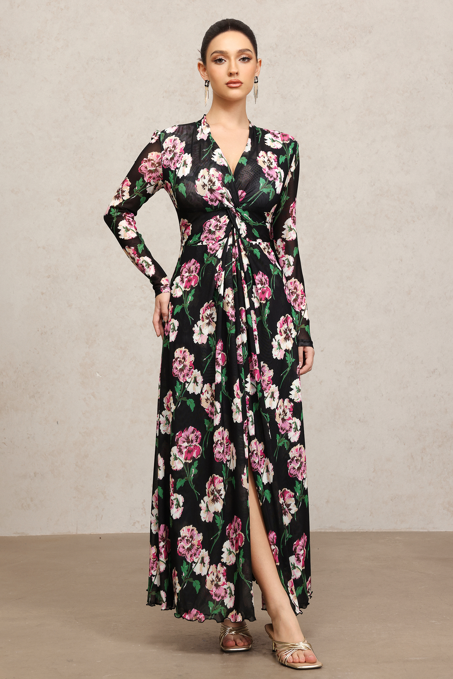 Melia Long Sleeves Floral Printed Slit Maxi Dress