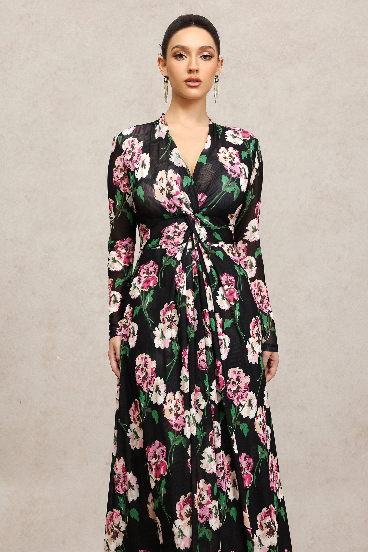 Melia Long Sleeves Floral Printed Slit Maxi Dress