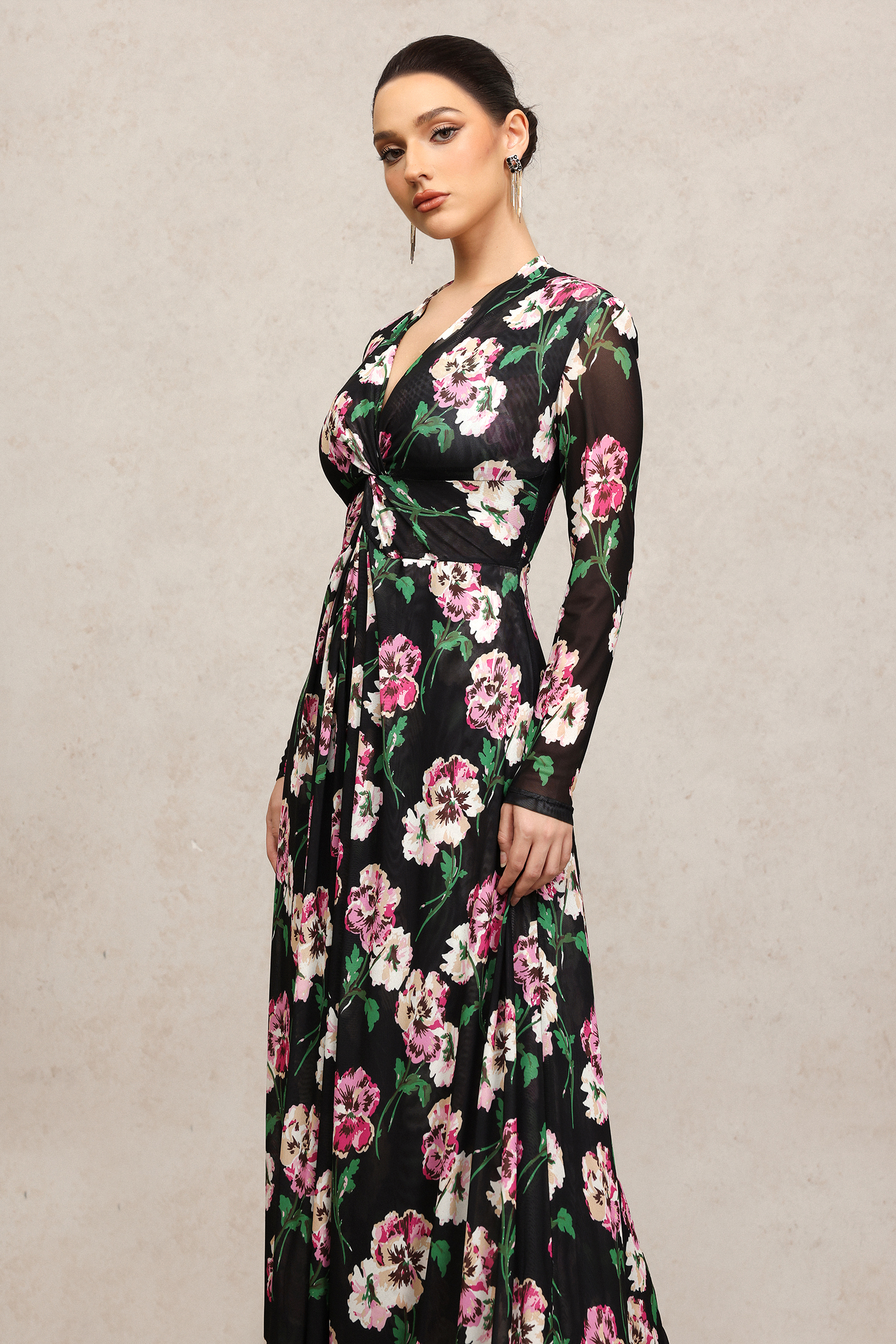 Melia Long Sleeves Floral Printed Slit Maxi Dress