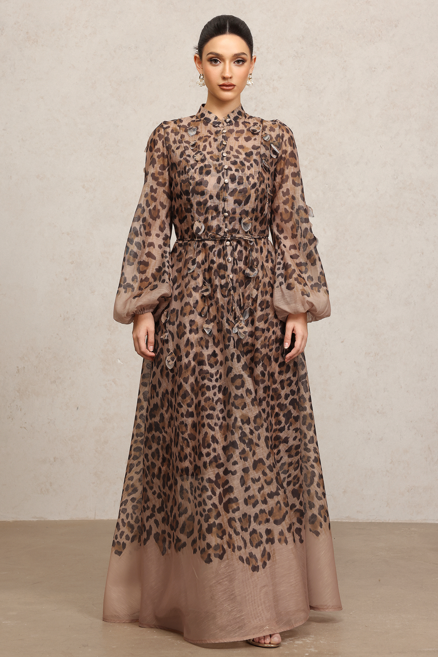 Myra Round Neck Long Sleeves Leopard Print Maxi Dress