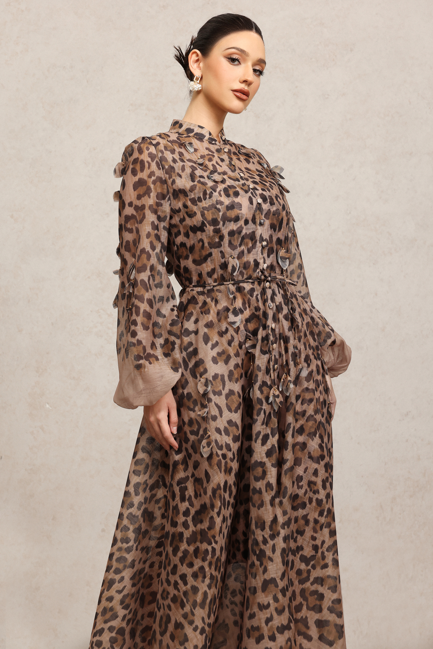 Myra Round Neck Long Sleeves Leopard Print Maxi Dress