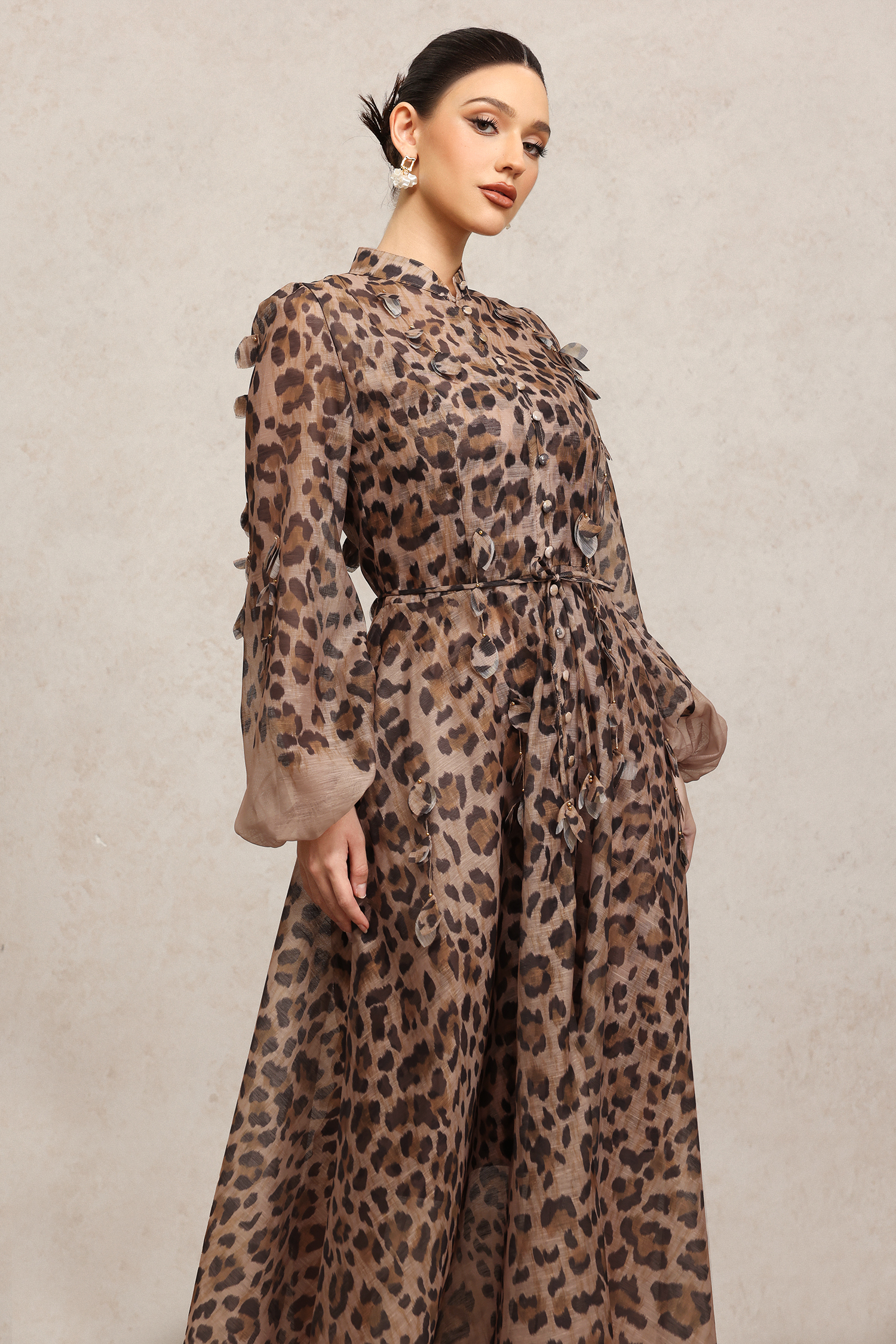 Myra Round Neck Long Sleeves Leopard Print Maxi Dress