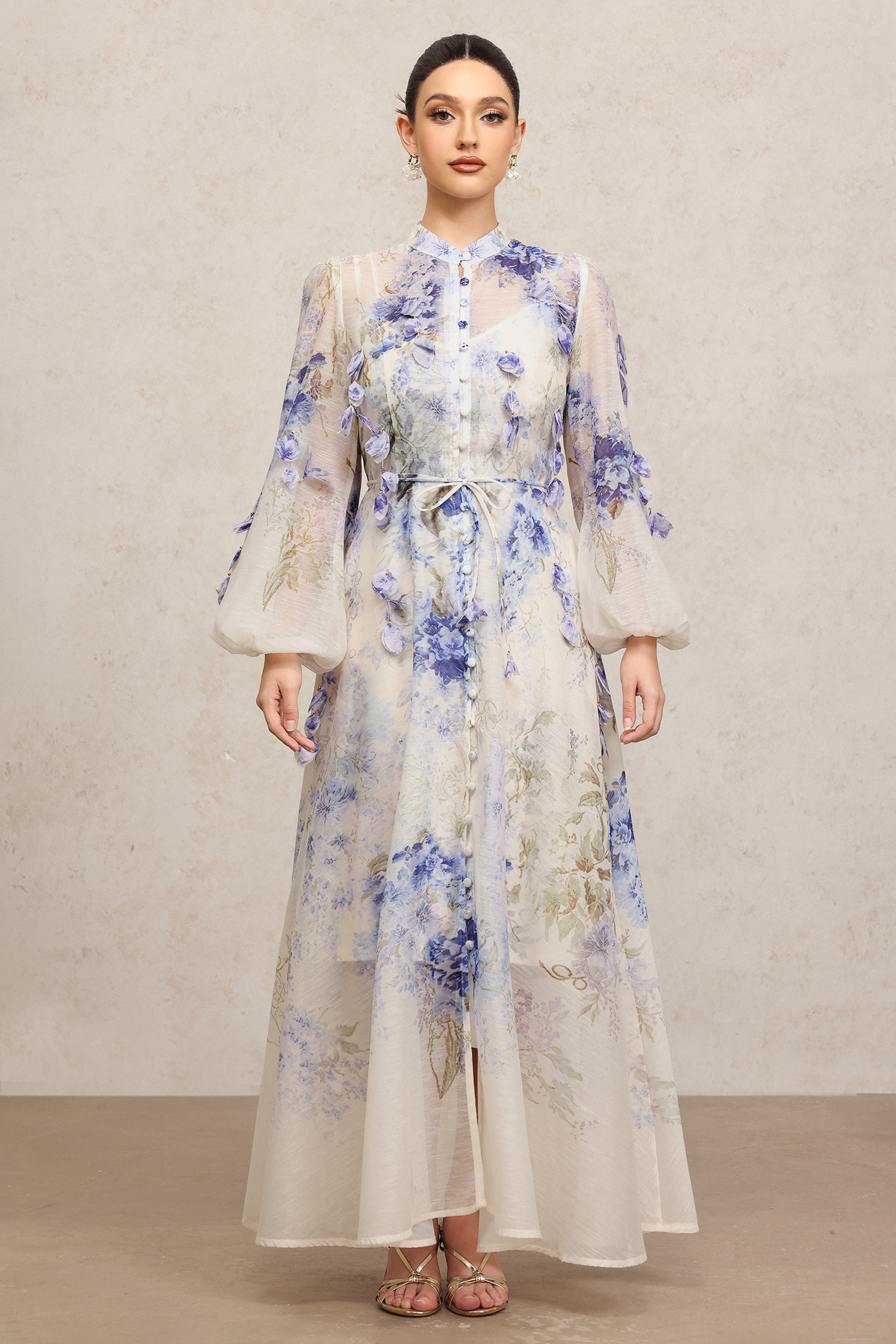 Edmonia Round Neck Long Sleeves Floral Printed Maxi Dress