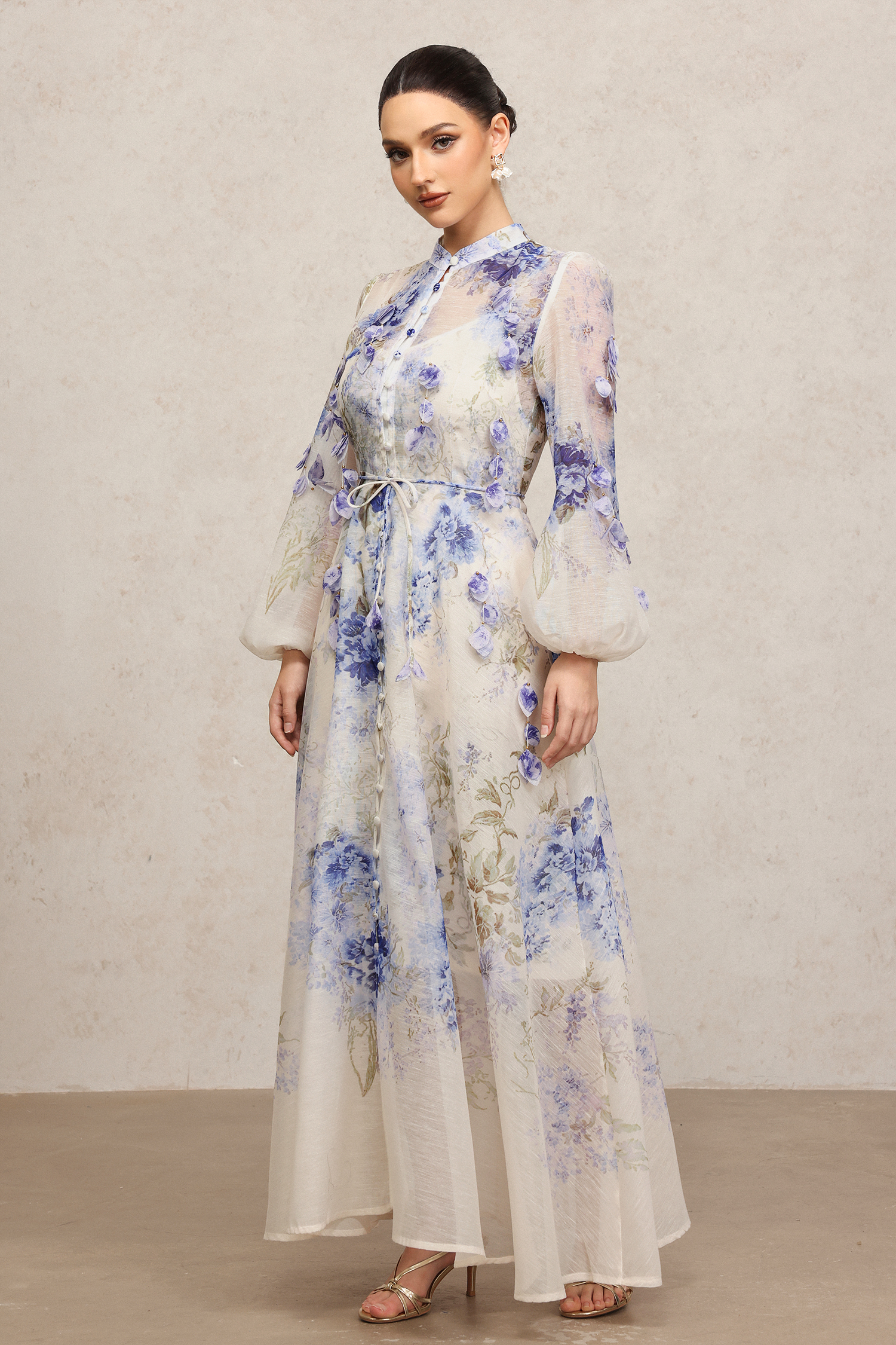 Edmonia Round Neck Long Sleeves Floral Printed Maxi Dress