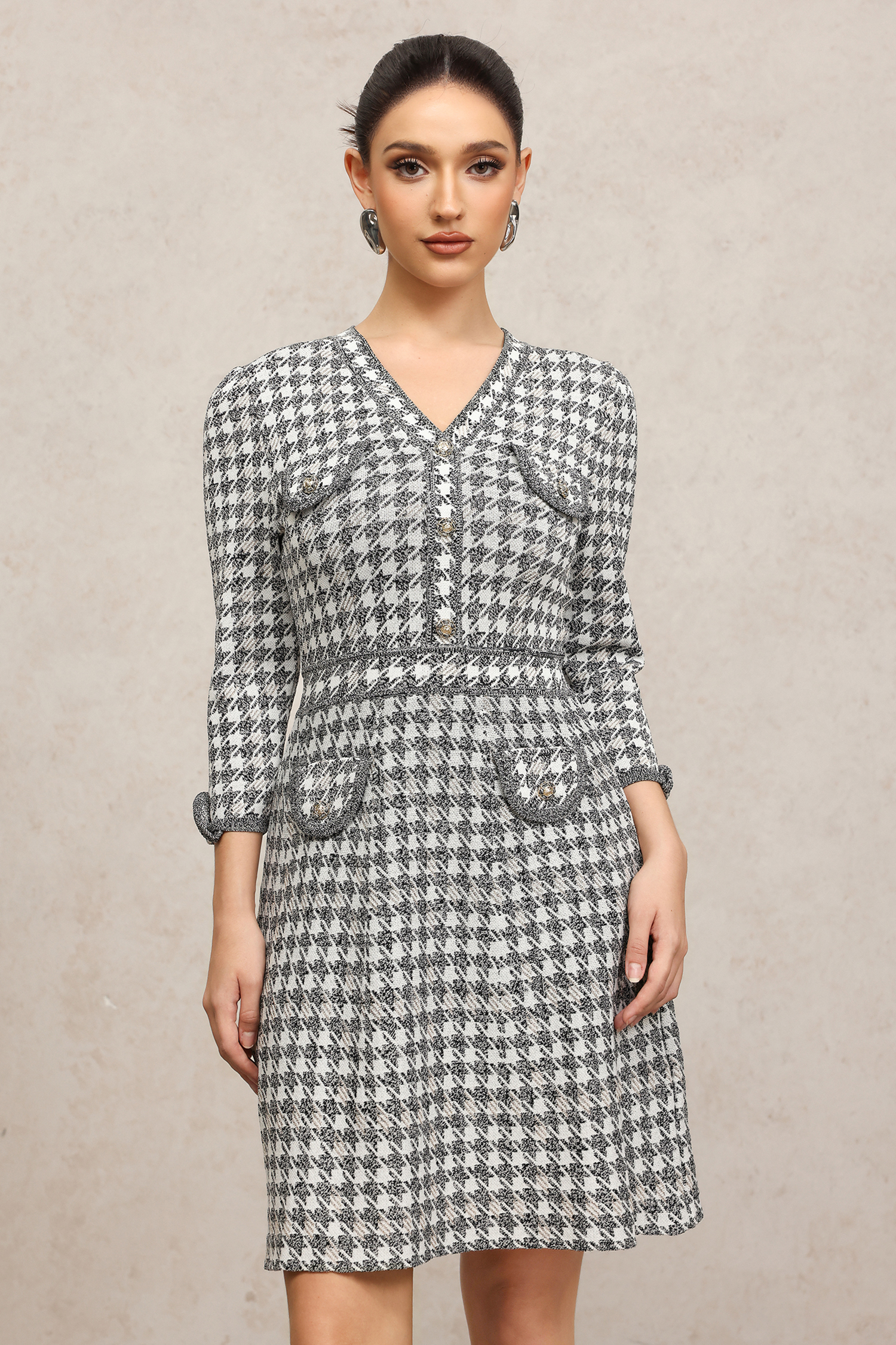 Salerio Houndstooth Long Sleeves Mini Dress