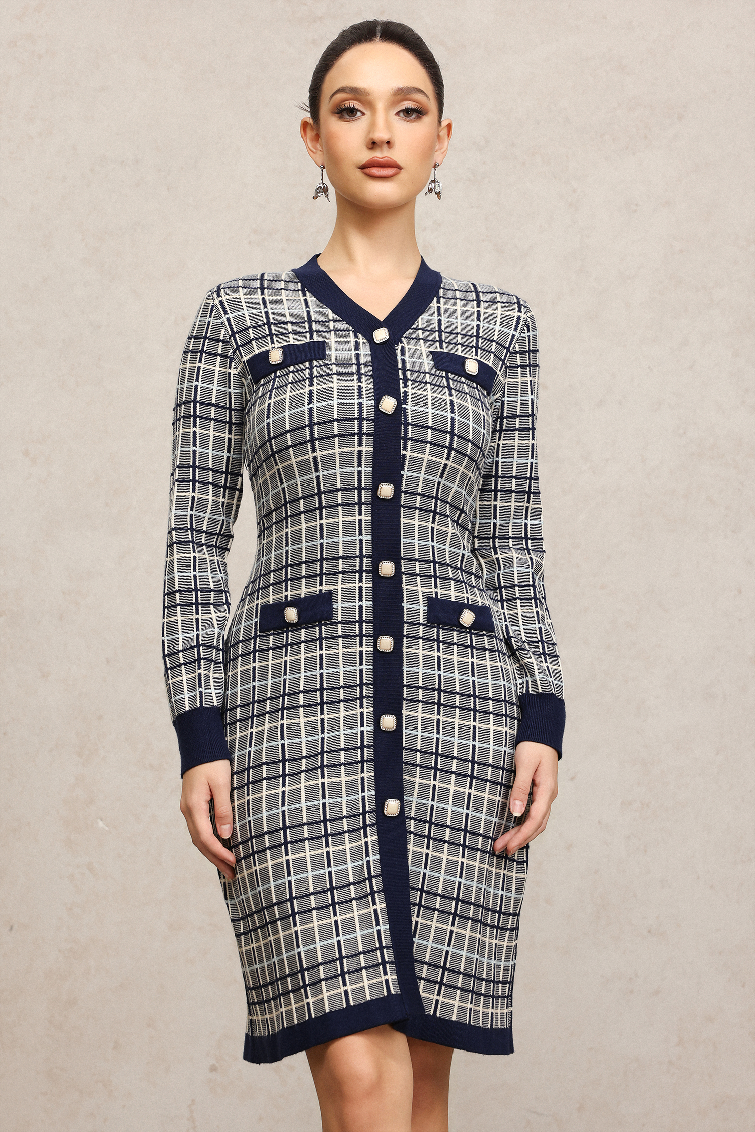 Kosala Round Neck Long Sleeves Houndstooth Midi Dress
