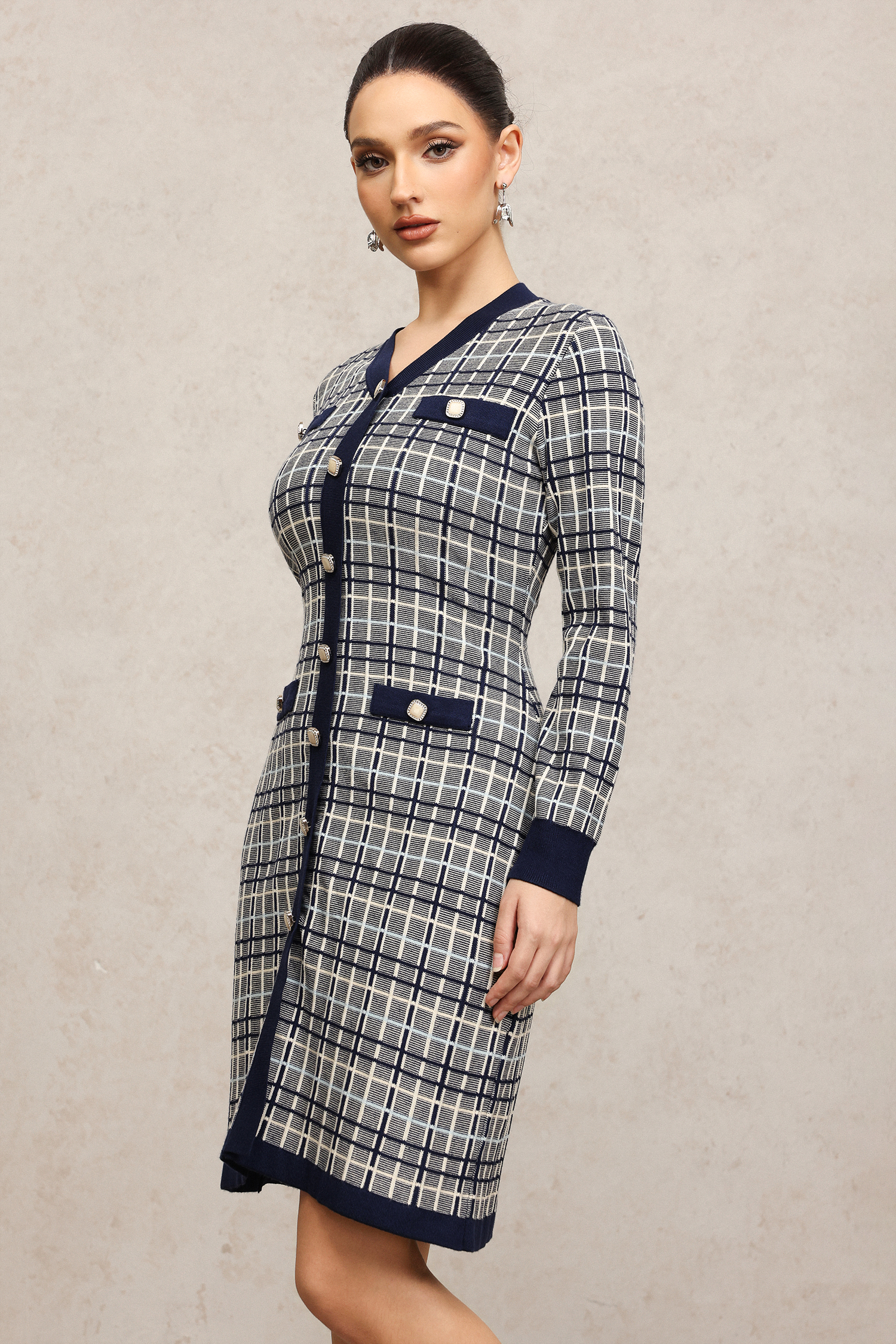 Kosala Round Neck Long Sleeves Houndstooth Midi Dress