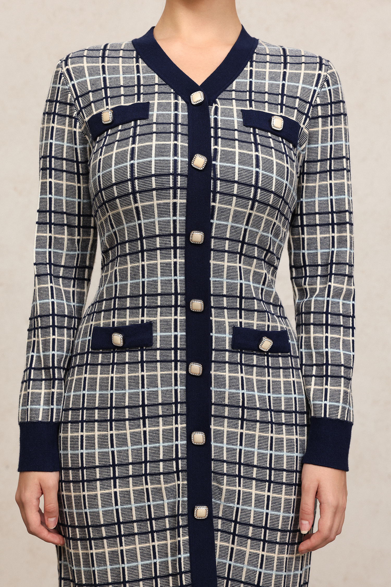 Kosala Round Neck Long Sleeves Houndstooth Midi Dress