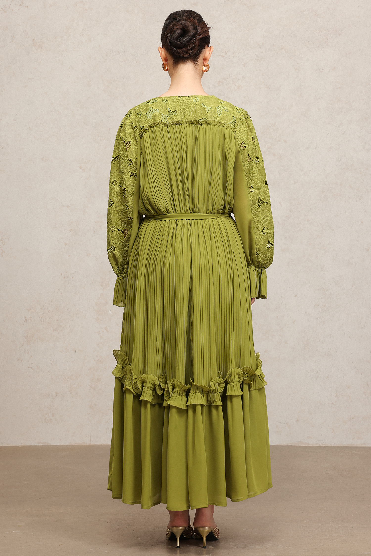 Gaki Long Sleeves Folds Flowers Maxi Dress