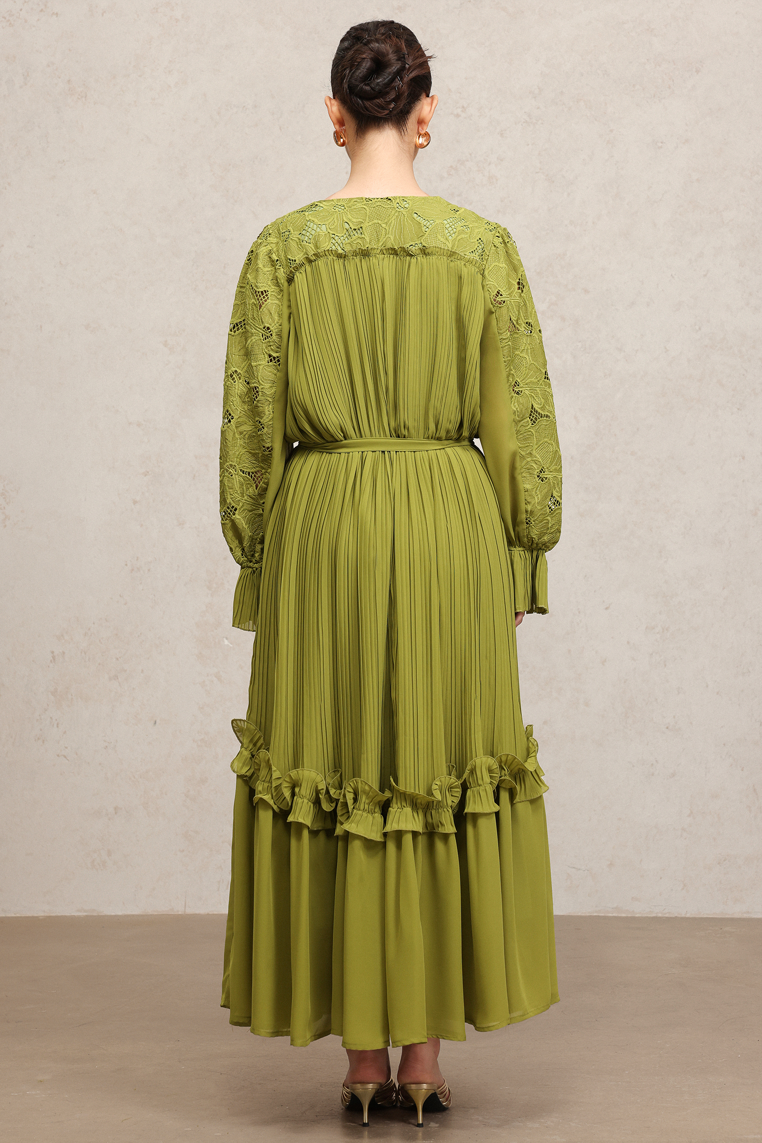 Gaki Long Sleeves Folds Flowers Maxi Dress