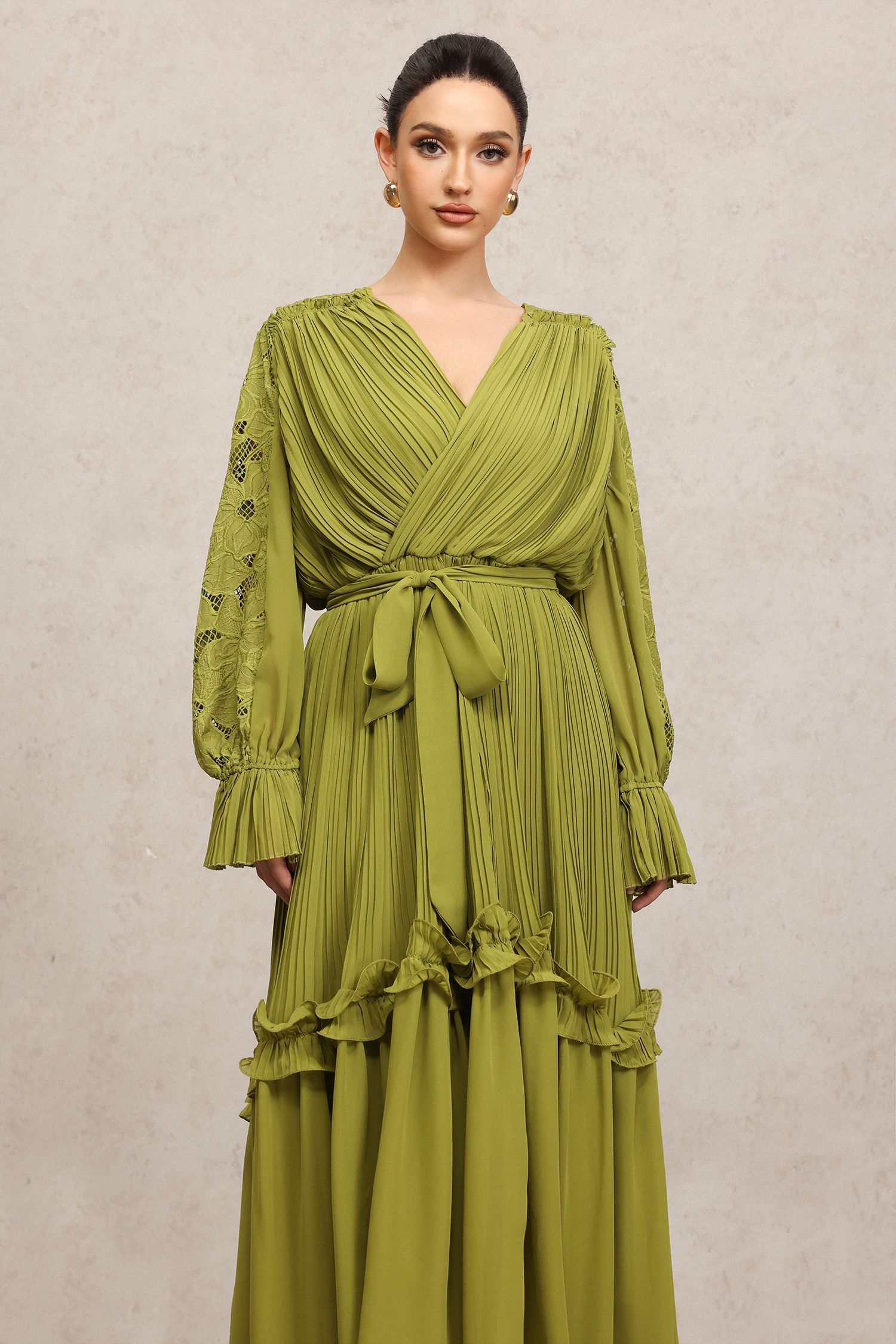 Gaki Long Sleeves Folds Flowers Maxi Dress