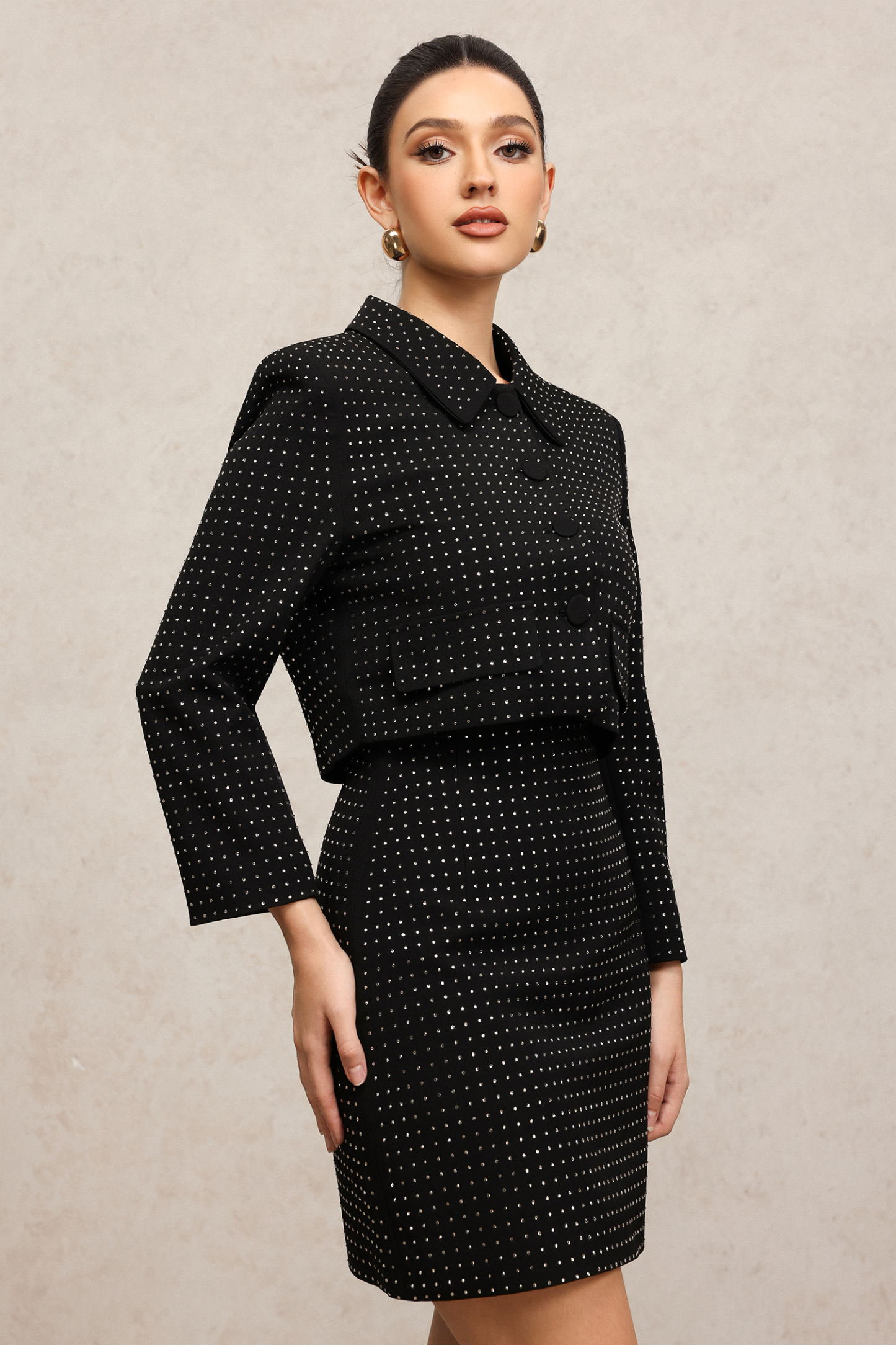 Ridia Long Sleeves Diamond Top And Skirt Two-Piece Set