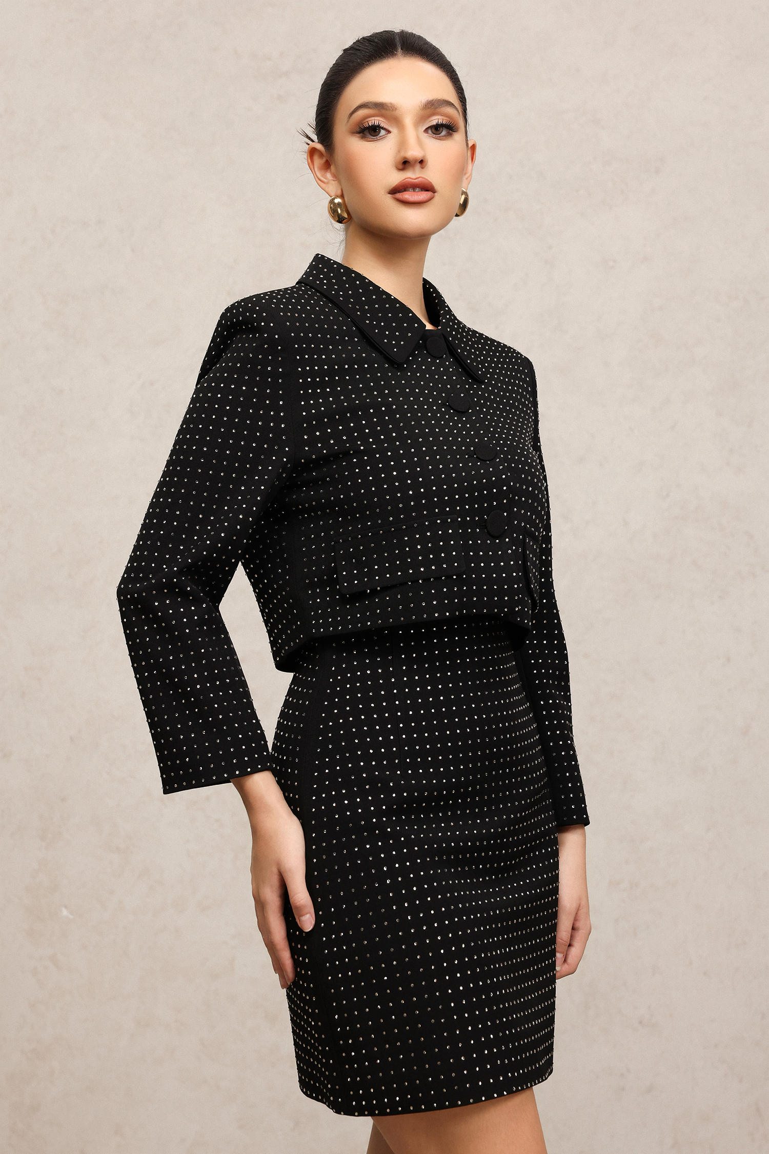 Ridia Long Sleeves Diamond Top And Skirt Two-Piece Set