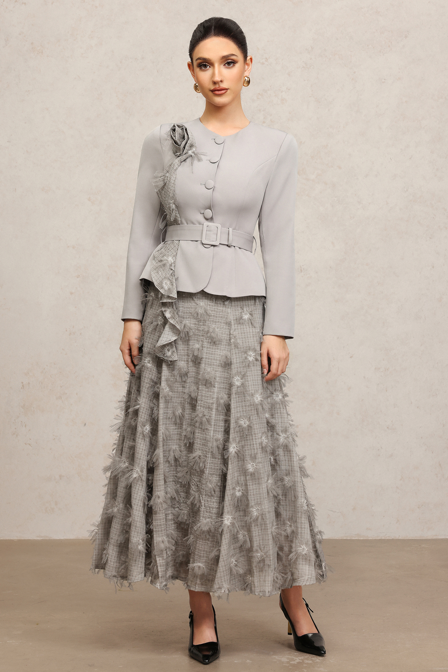 Makala Round Neck Long Sleeves Flower Top And Skirt Two-Piece Set