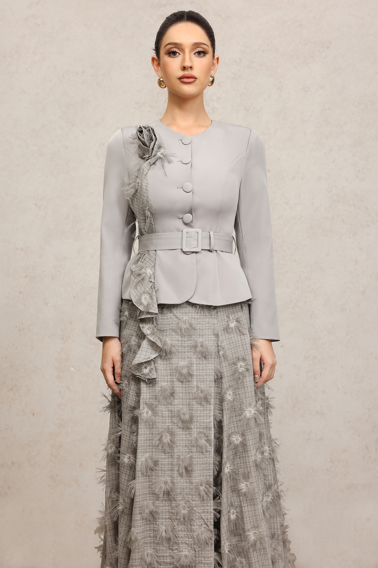 Makala Round Neck Long Sleeves Flower Top And Skirt Two-Piece Set