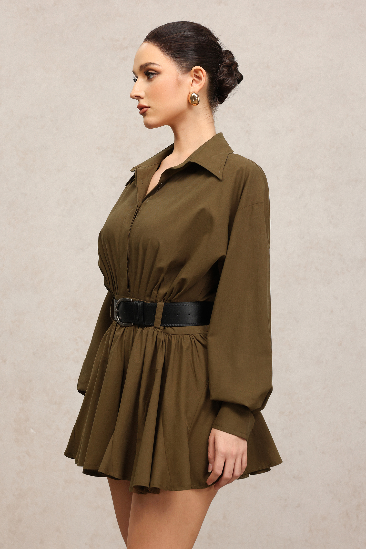 Romita Lapel Long Sleeves Folds Mini Dress