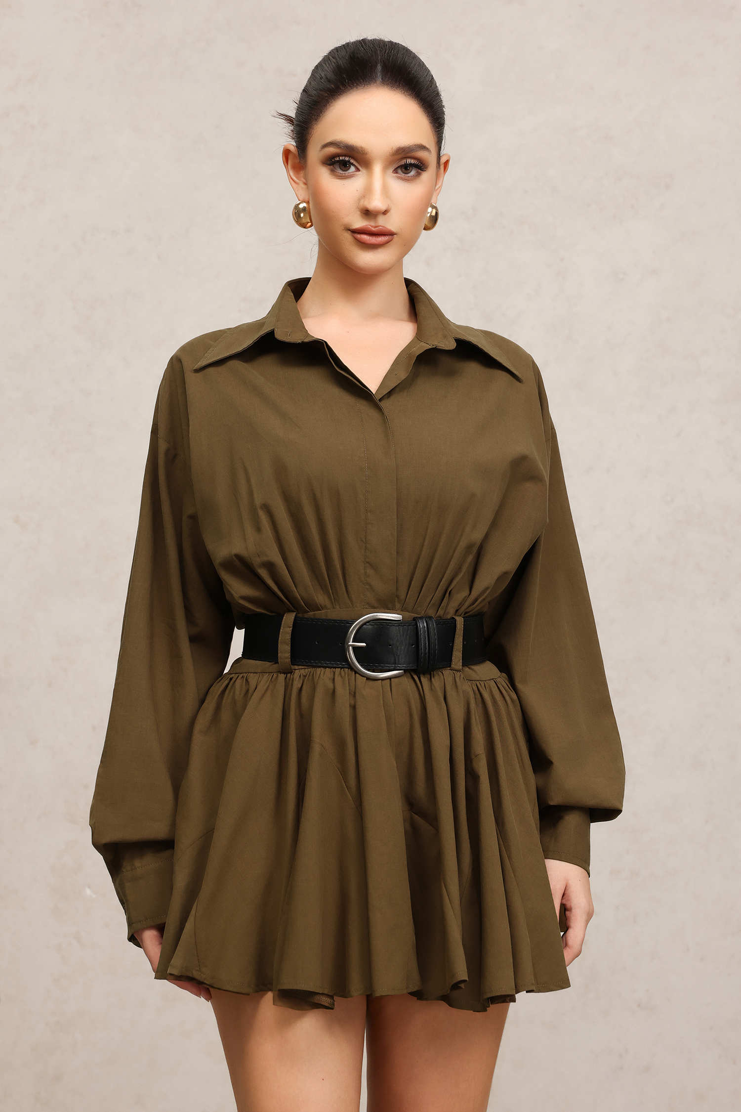 Romita Lapel Long Sleeves Folds Mini Dress