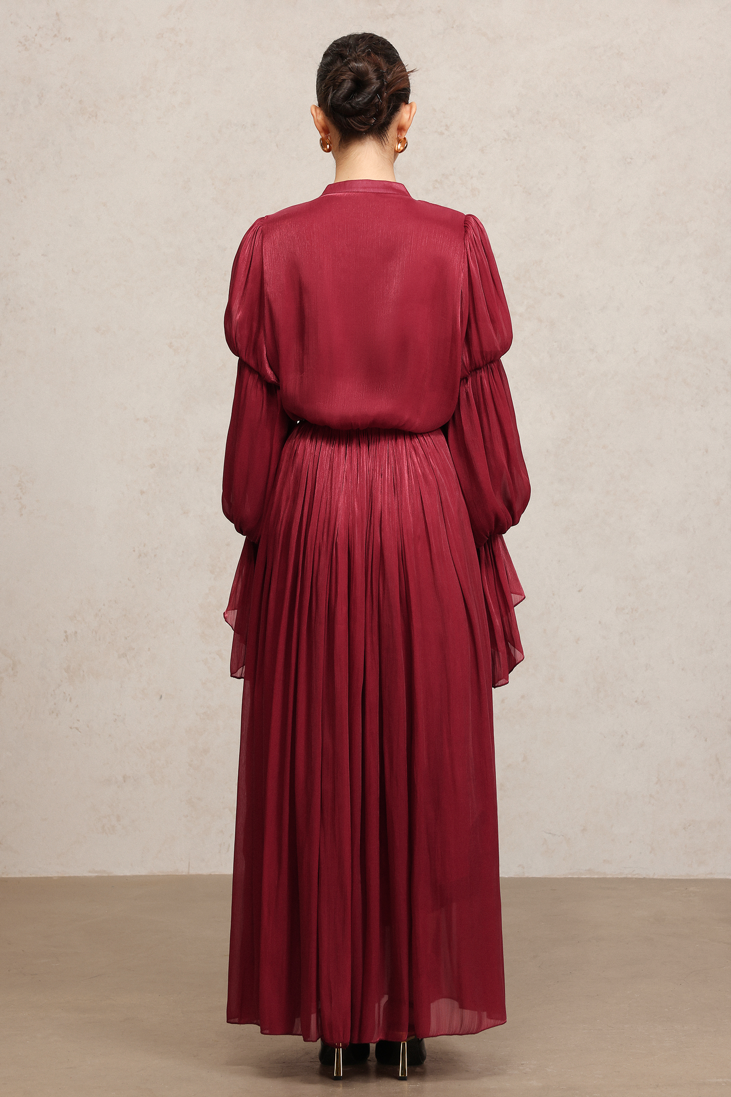 Ona Long Sleeves Folds Red Maxi Dress