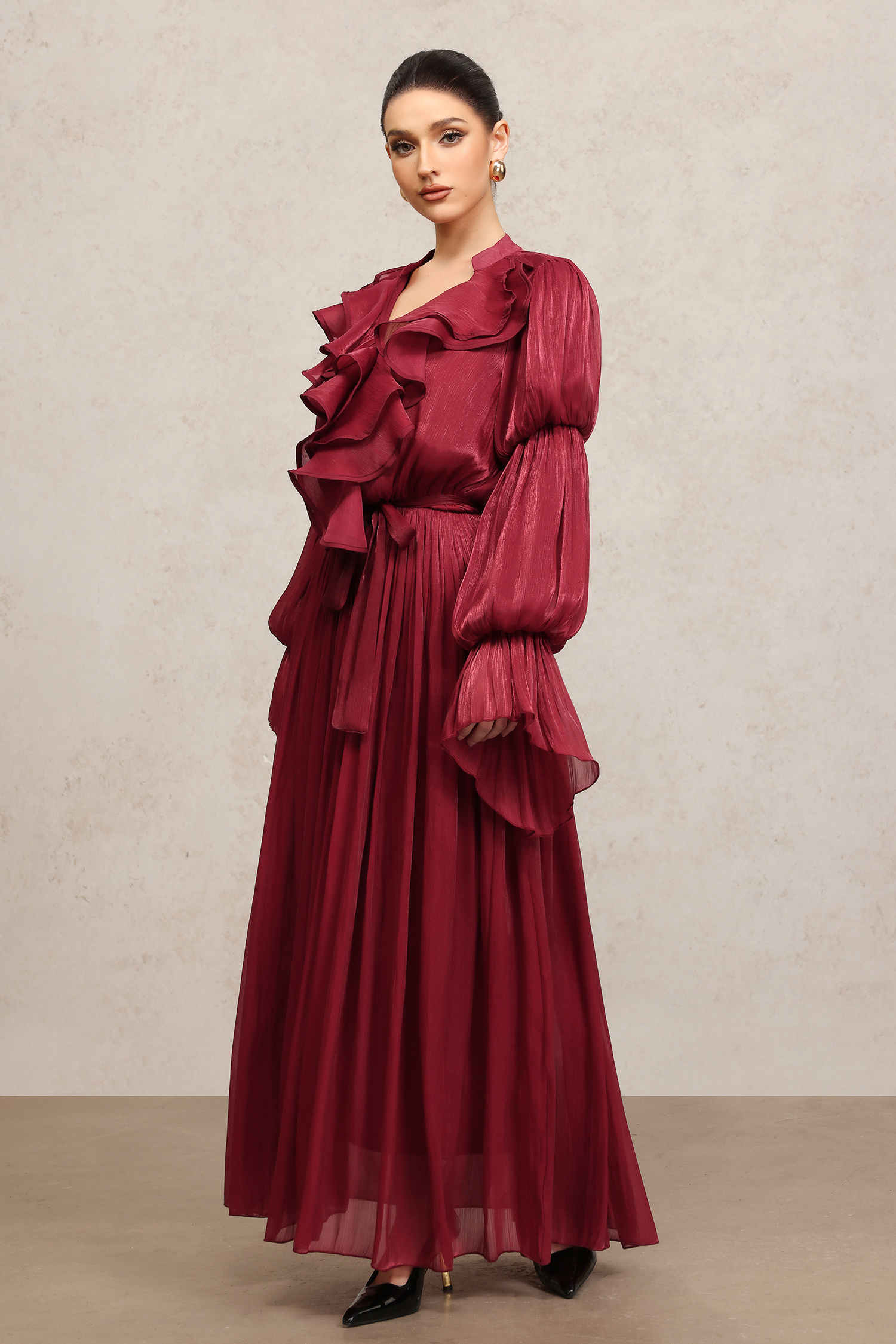 Ona Long Sleeves Folds Red Maxi Dress