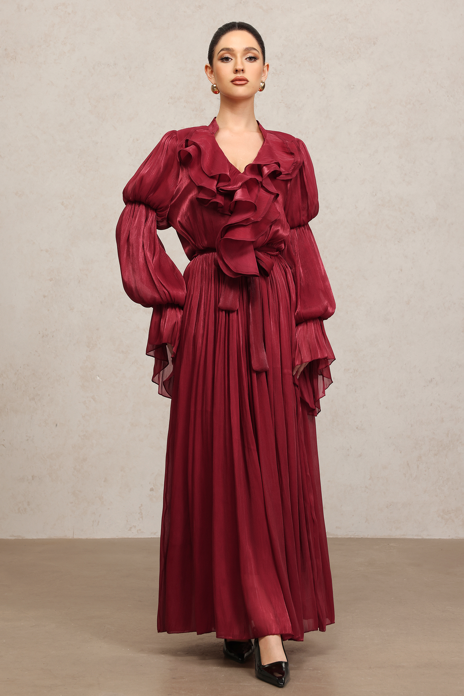 Ona Long Sleeves Folds Red Maxi Dress