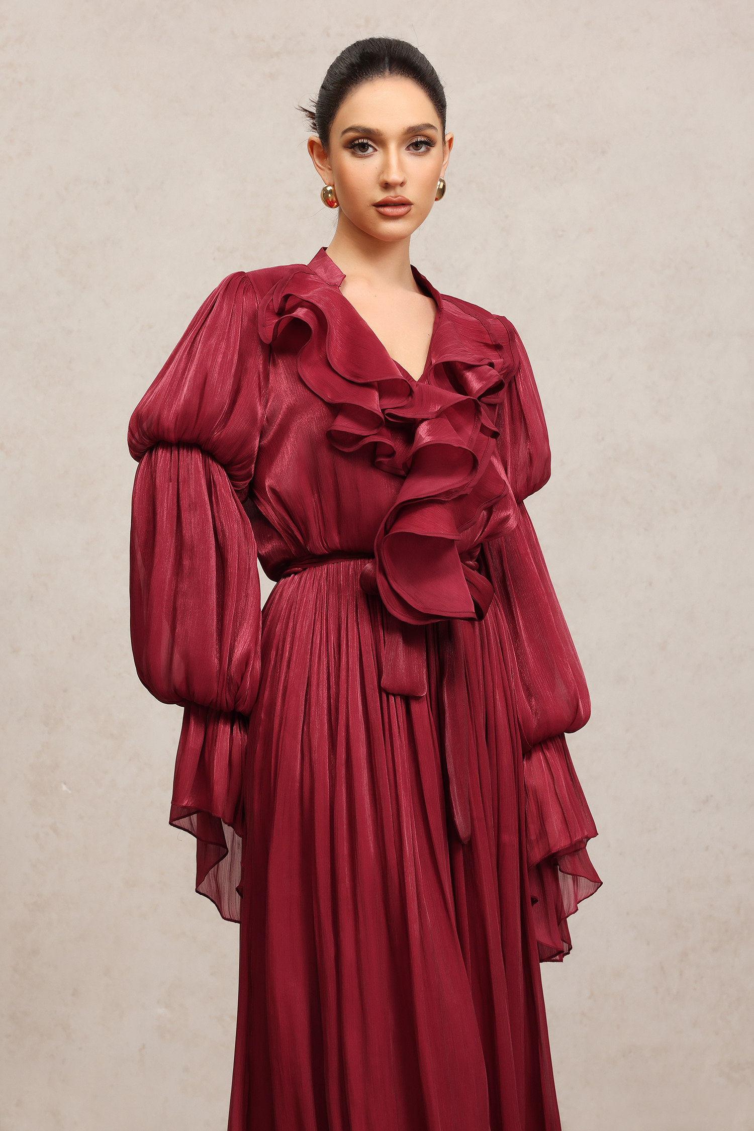 Ona Long Sleeves Folds Red Maxi Dress