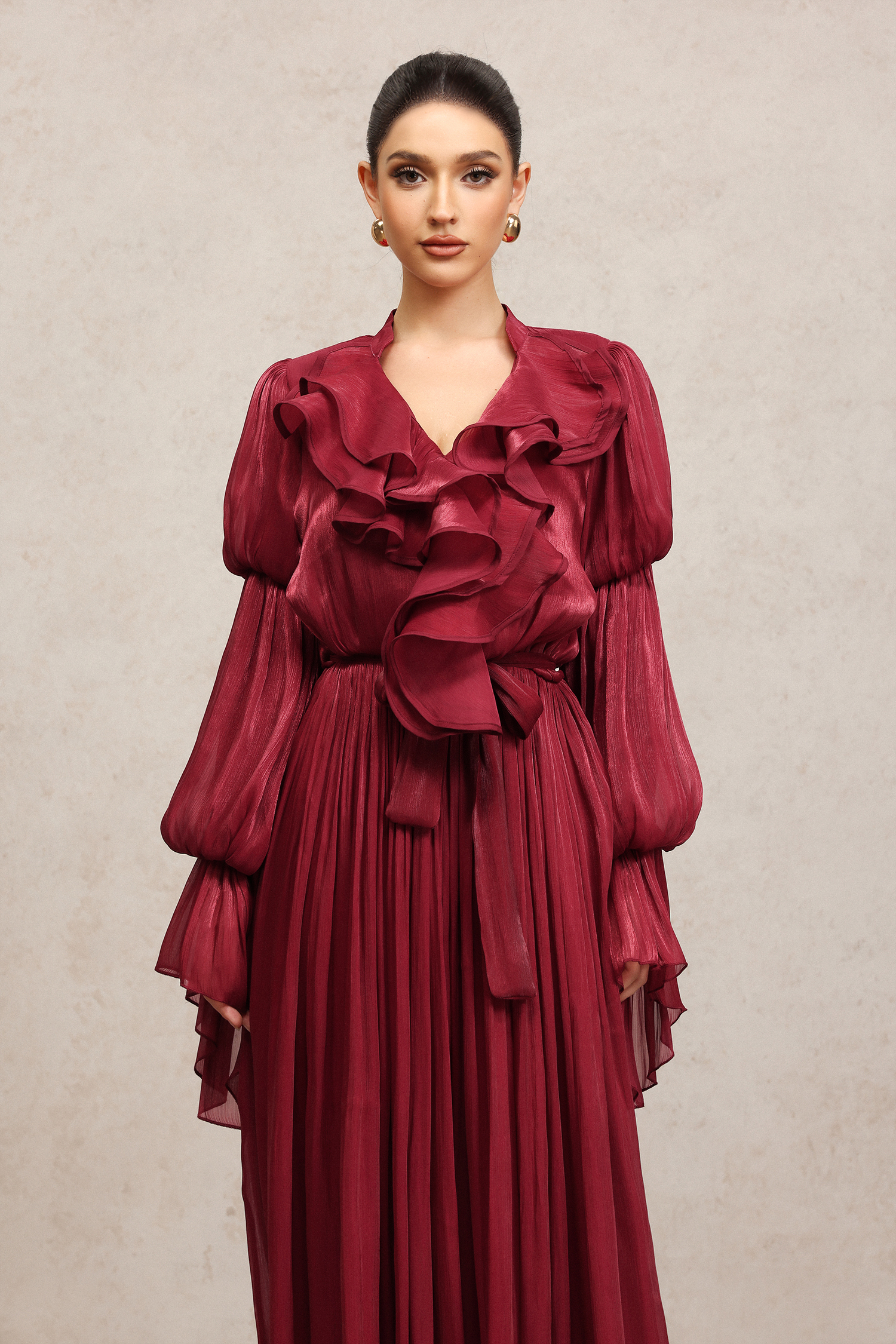 Ona Long Sleeves Folds Red Maxi Dress